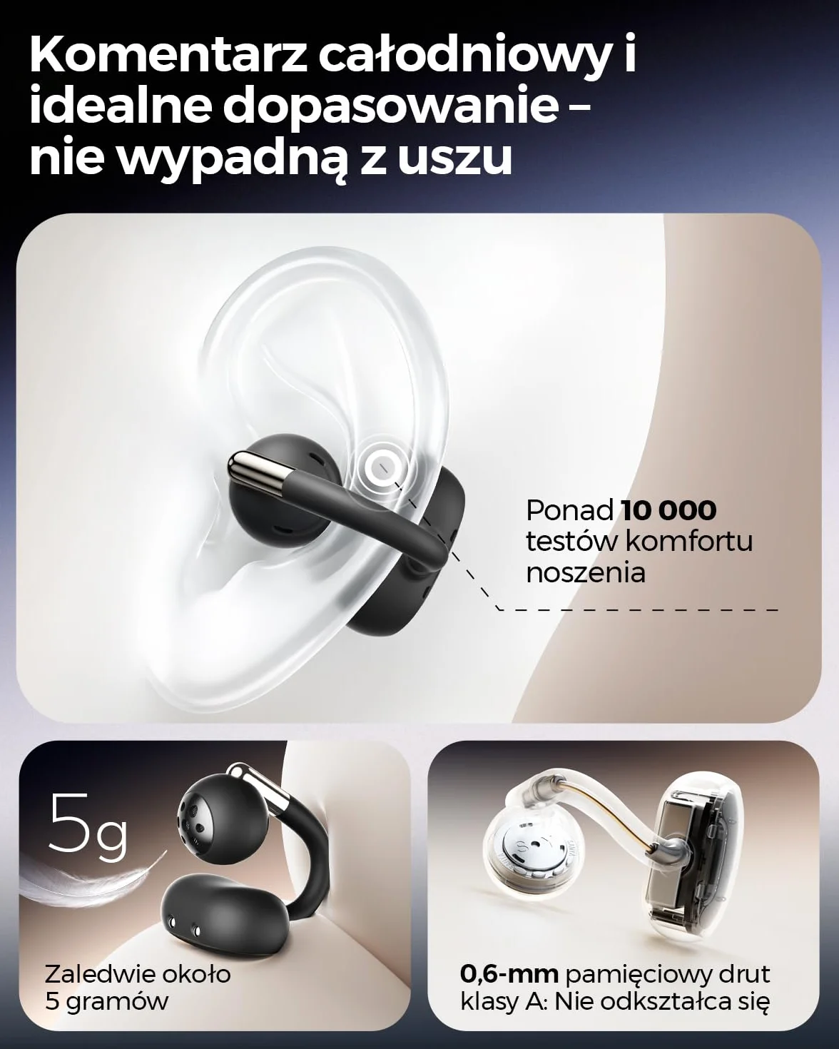 SOUNDPEATS Clip1 Bezprzewodowe Słuchawki z Klipsem Otwartym, Dolby Audio Hi-Res LDAC, Bluetooth 5.4, IPX5, Czarny