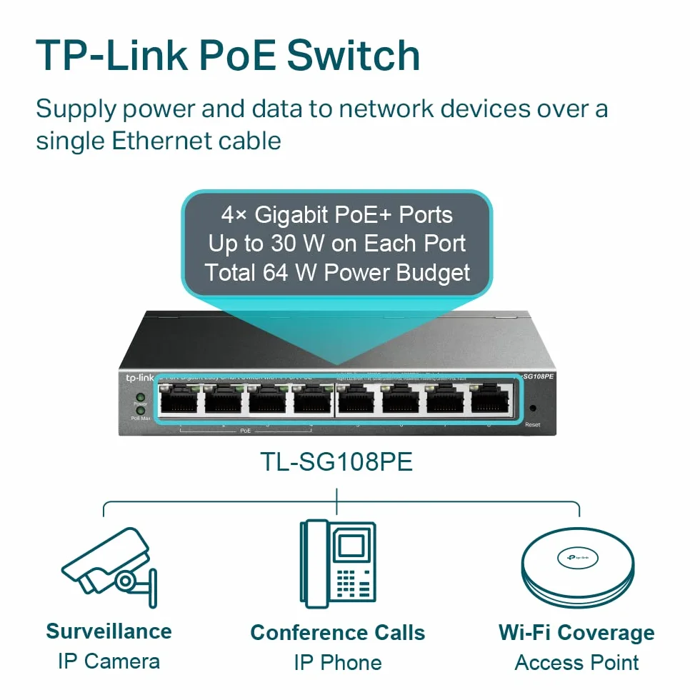 TP-Link TL-SG108PE Easy Smart Switch 8× Gigabit PoE+ 64 W VLAN QoS