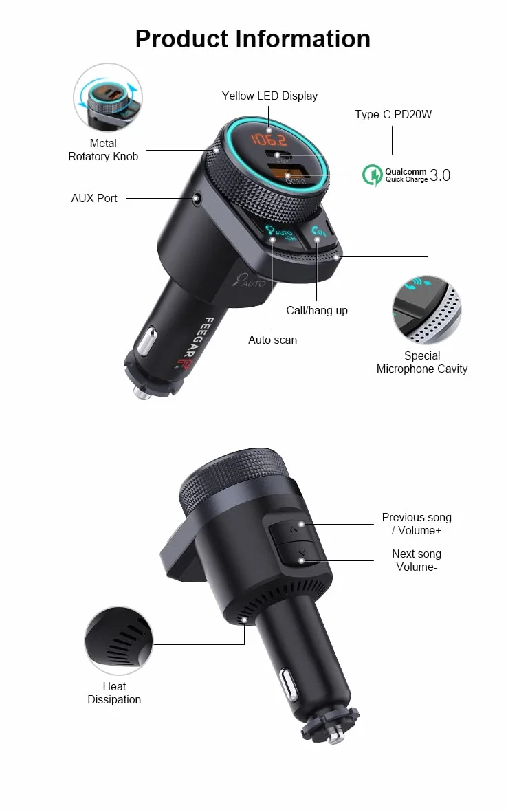Feegar Q300 Pro Transmiter FM Bluetooth Stereo Ładowarka samochodowa USB 38W QC3.0 PD