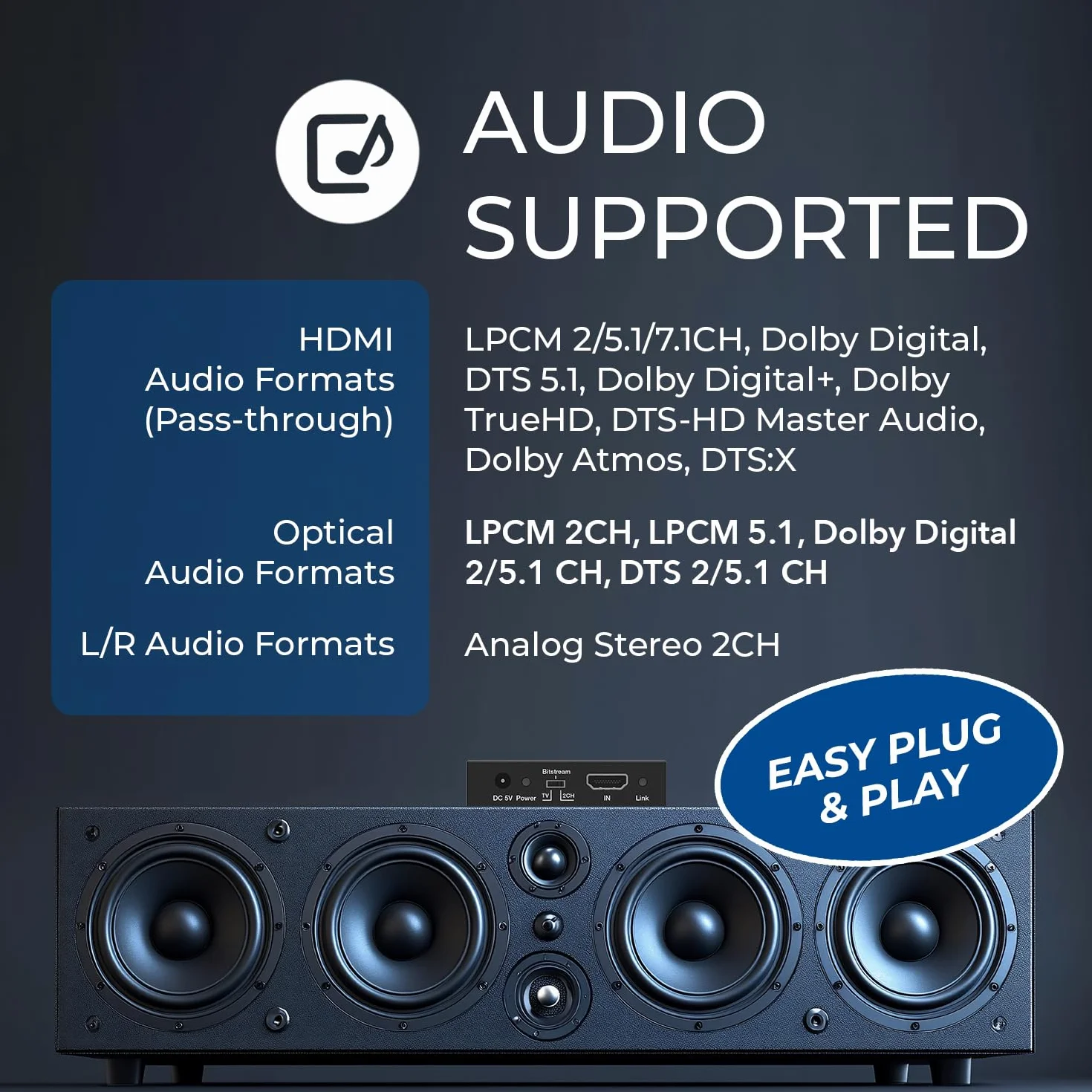 Orei Ekstraktor audio 4K HDMI, UltraHD 4K przy 60Hz 18G HDMI 2.0 konwerter audio SPDIF + wyjście 3,5 mm HDCP 2.2 - Dolby Digital/DTS Passthrough CEC, HDR, Dolby Vision, HDR10 obsługa (HDA-912)