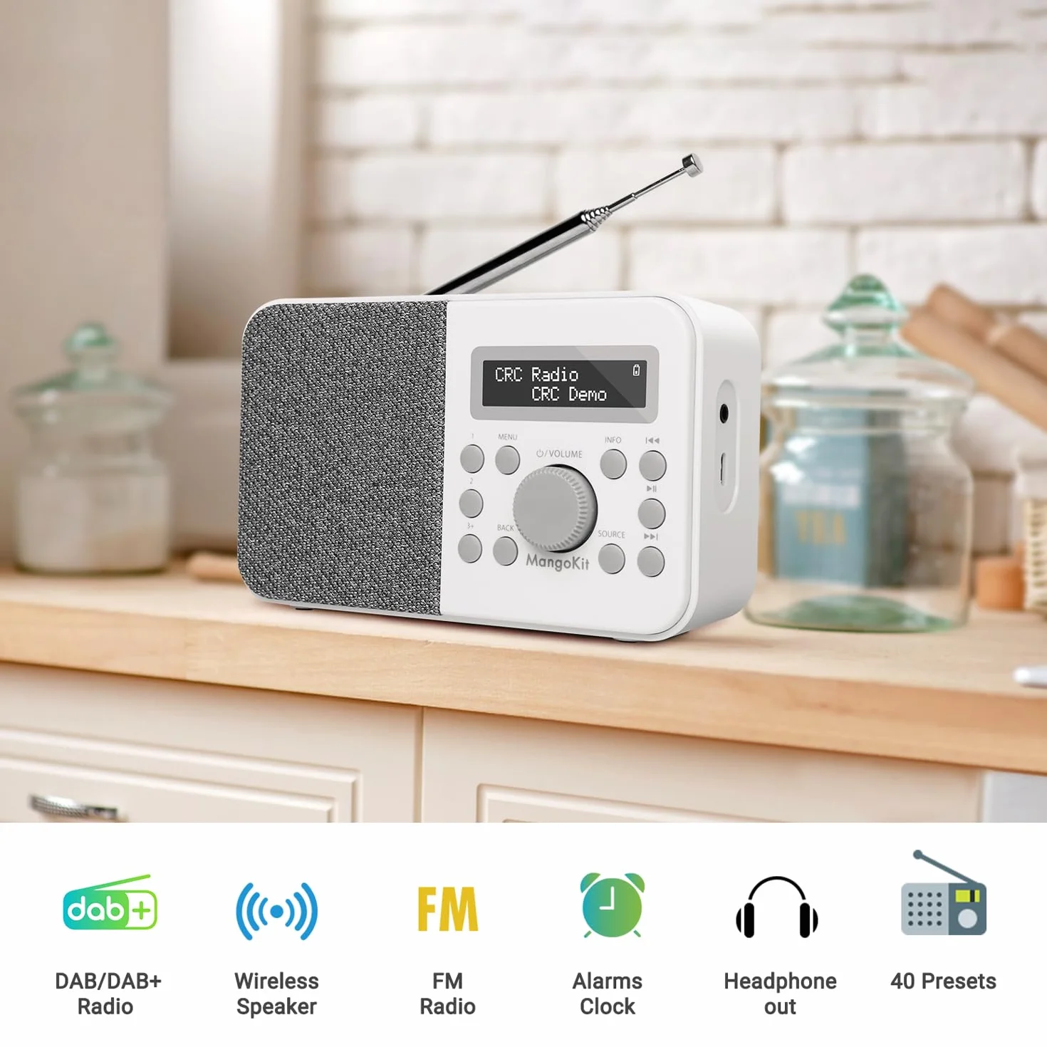 PR2S Przenośne Radio Cyfrowe DAB i FM z Głośnikiem Bluetooth, Budzikiem, 40 Stacji, Szary