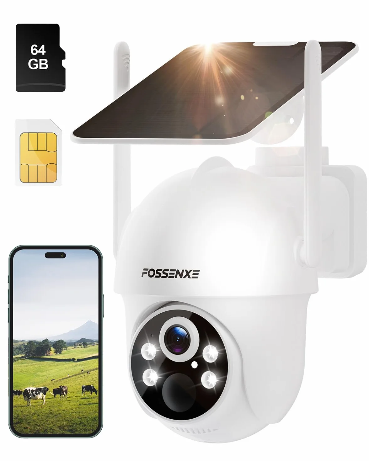Kamera bezpieczeństwa 4G LTE, bezprzewodowa kamera solarna z kartą SIM i pamięcią kart 64 GB, kamera PTZ 2K HD 4MP bez Wi-Fi, noktowizor kolorowy, wykrywanie ciała PIR