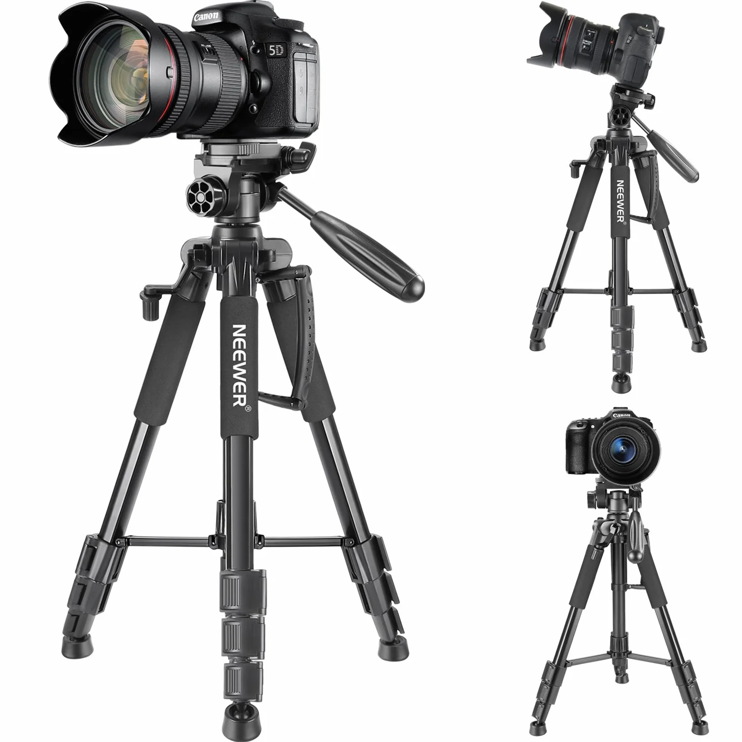 Neewer Statyw do aparatu 142 cm ze stopu aluminium 3-kierunkowa głowica obrotowa obciążenie 4 kg czarny