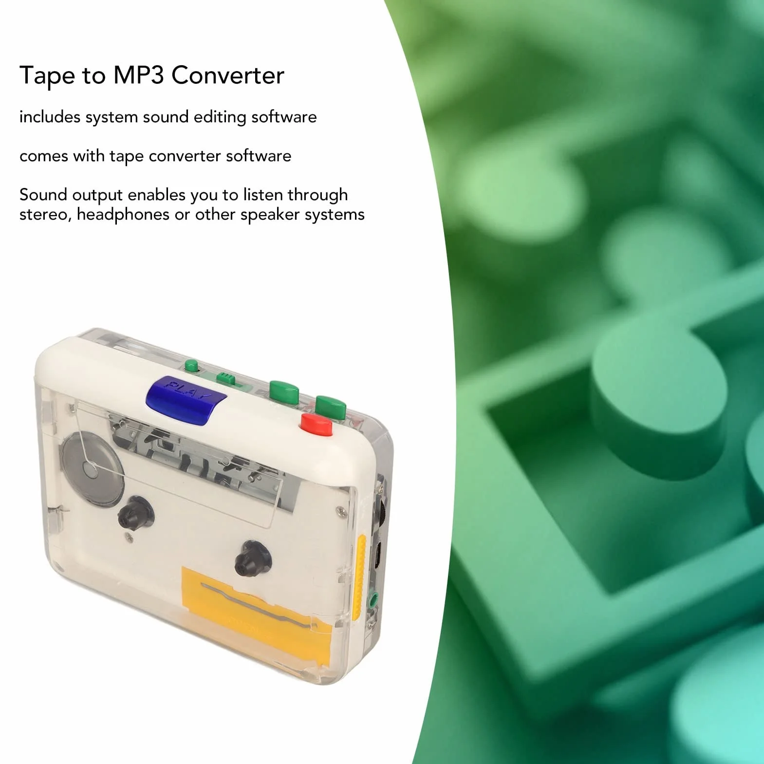 Przenośny konwerter kasety USB na MP3, ładowalny odtwarzacz kasetowy, Plug and Play, słuchawki