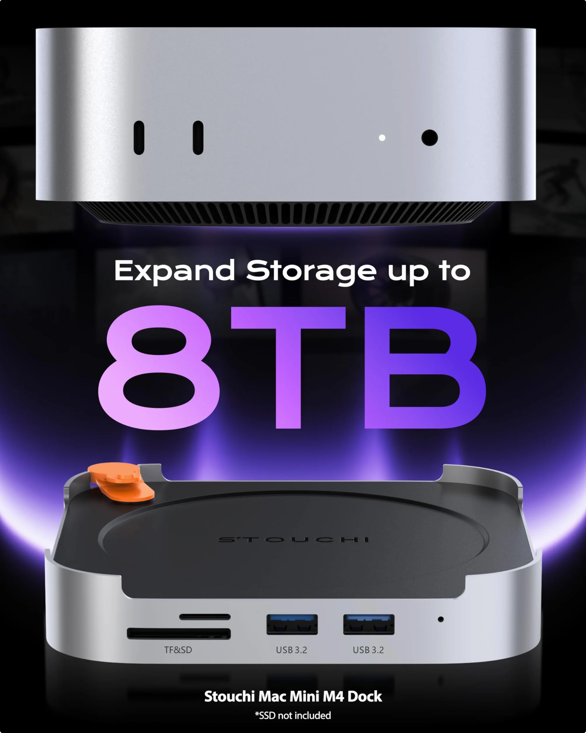 Stacja dokująca Stouchi Mac mini M4 z obudową SSD NVMe, podstawką i hubem M4 z 2 portami USB A 10 Gb/s, czytnikami kart SD/TF, HDMI 4K@60HZ, 2 portami USB A do transmisji danych, gniazdem audio 3,5 mm
