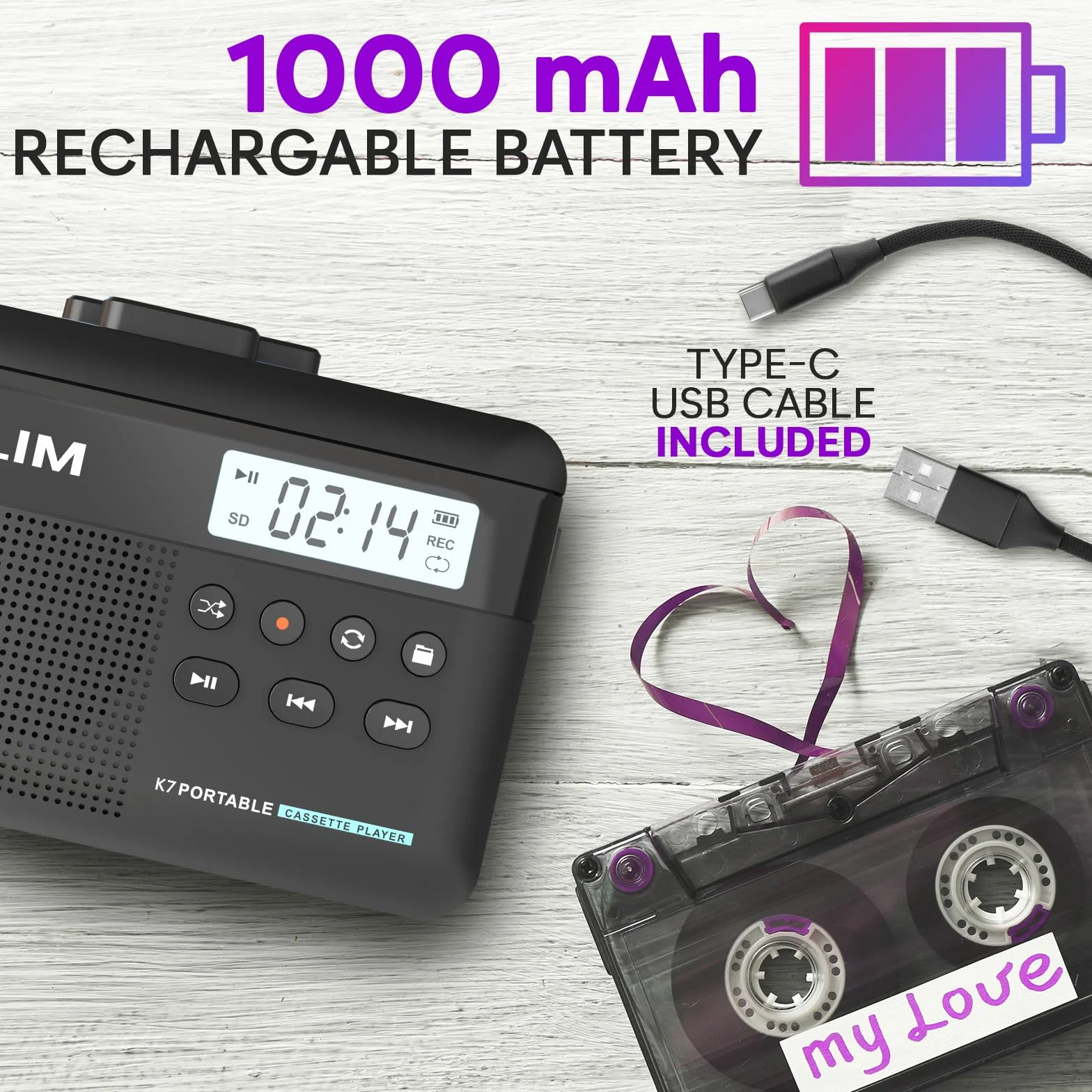 KLIM K7 Odtwarzacz kasetowy Walkman z konwerterem na MP3, wbudowany mikrofon, głośnik, karta SD 16 GB