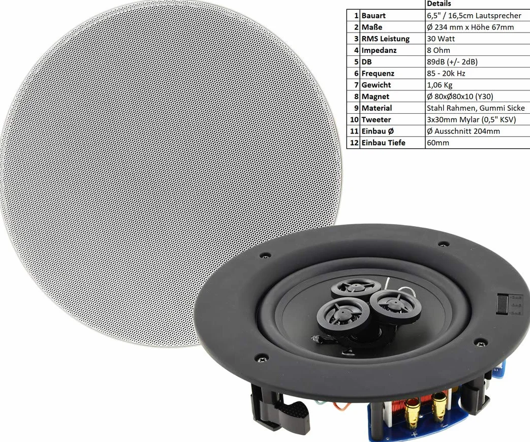 Głośnik do zabudowy sufitowej i ściennej CTE-W, biały, metalowa kratka ochronna, klamry mocujące, impedancja 8 omów, łatwy montaż Ø 234 x 67mm, 2-Wege System biały