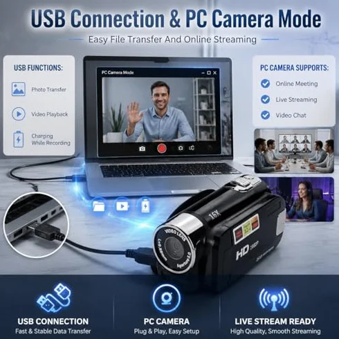 Kamera 4K Vintage, 48MP Retro Camera, Kamera DV 2.7in TFT Rotatable Ekran 16x Cyfrowy Zoom z Kablem USB (BLACK)