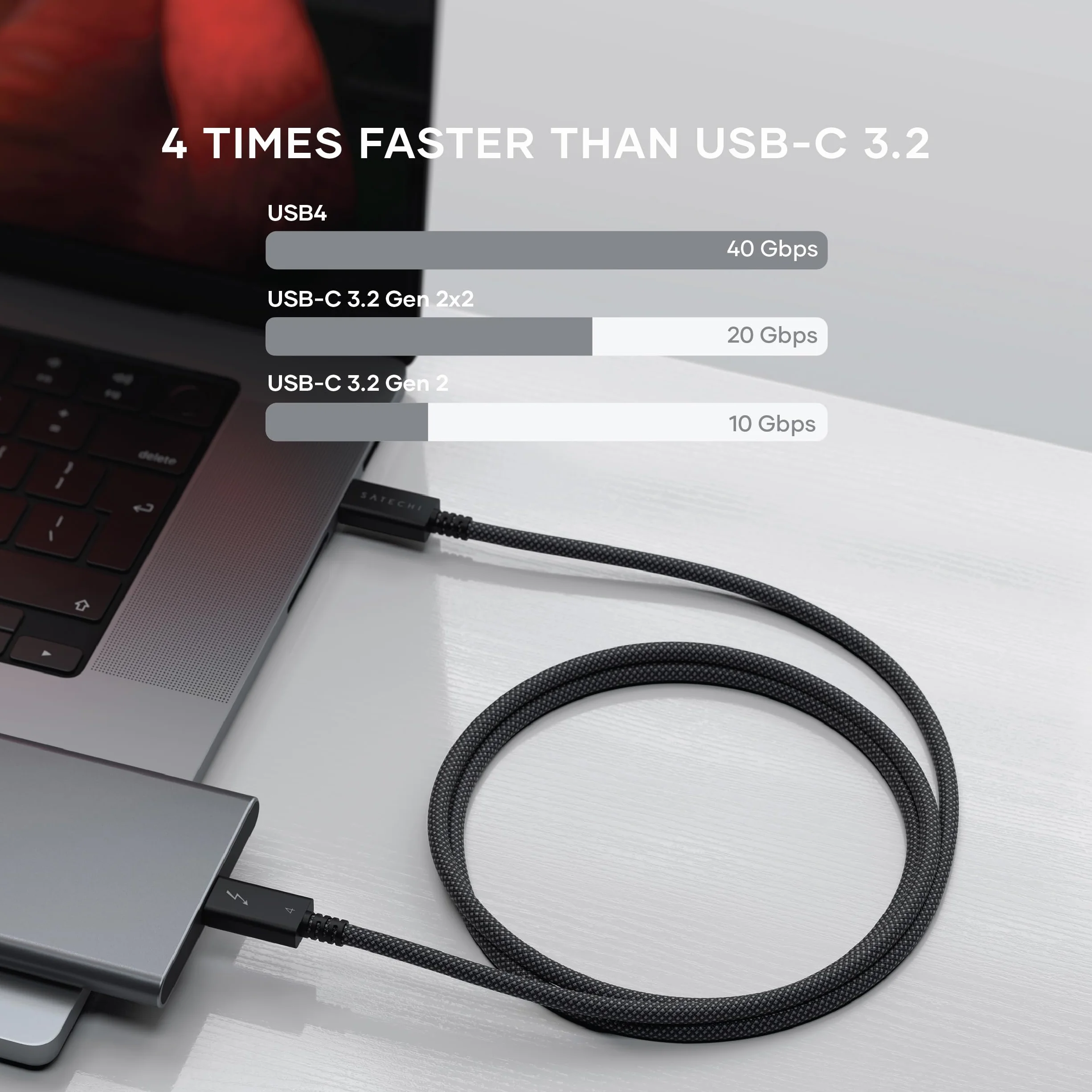 SATECHI Certyfikowany kabel Thunderbolt 4 USB-C (1 m), ładowanie 240 W, obsługa 8K@60Hz, prędkość transferu 40 Gb/s, PCIe, kompatybilny z Thunderbolt 4/3, USB4, USB-C, MacBook