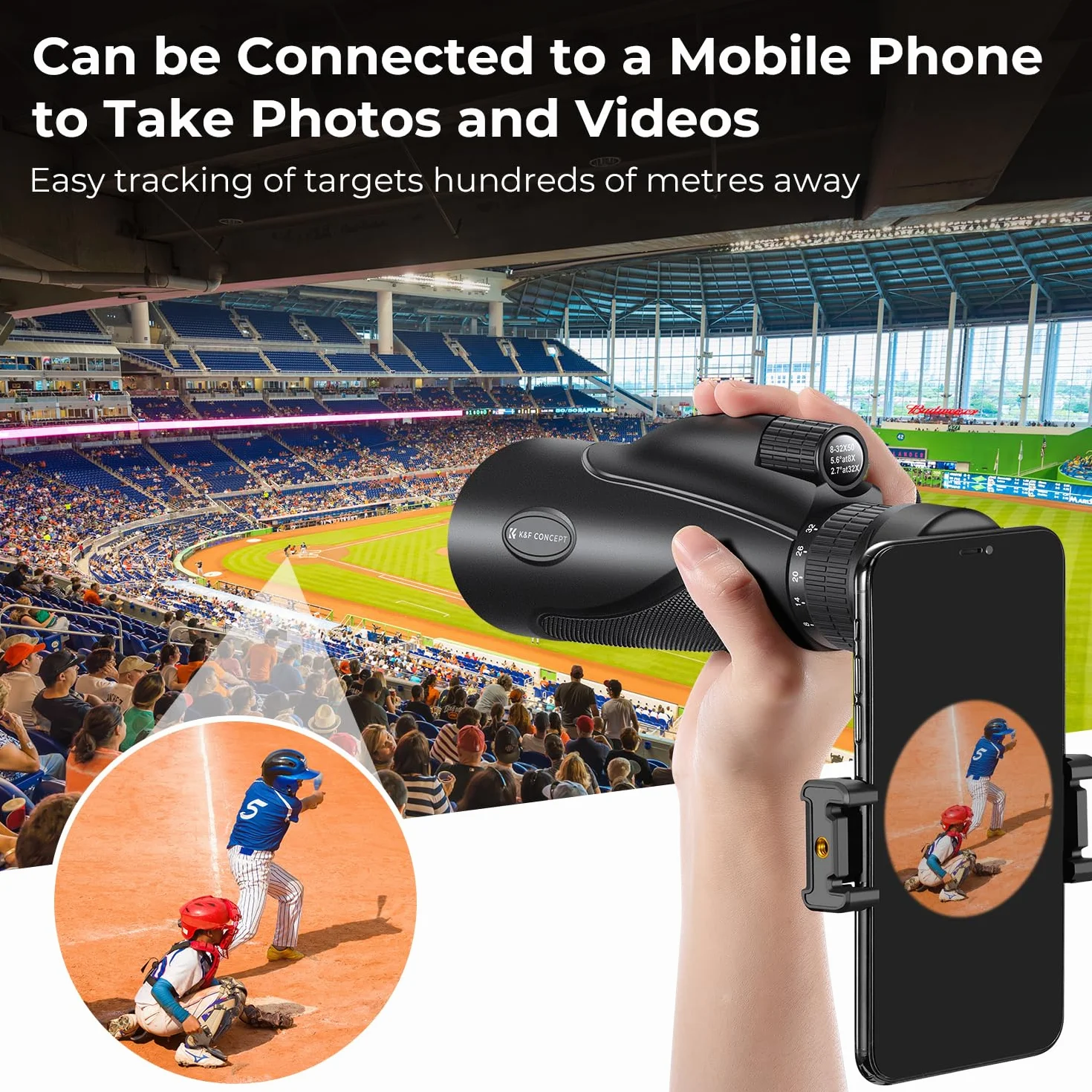 K&F Concept Teleskop monokularowy 8-32x50 HD, zoom ciągły z klipsem na telefon