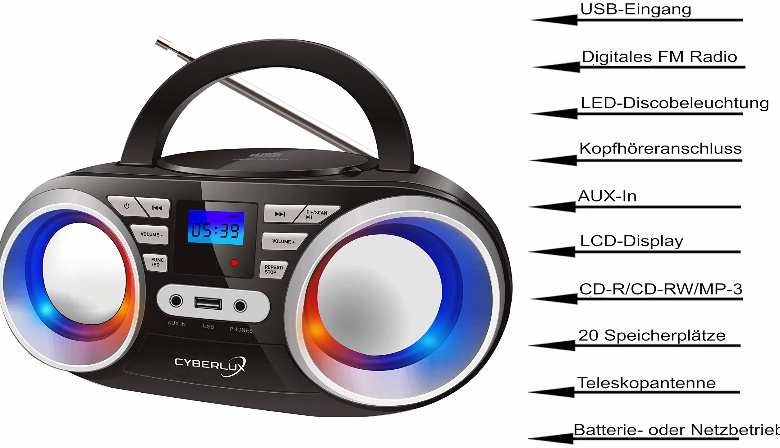 Przenośny odtwarzacz CD | Światła disco LED | Boombox | CD/CD-R | USB | Radio FM | Wejście AUX | Gniazdo słuchawkowe | 20 gniazd pamięci | Radio dla dzieci | Radio CD | Kompaktowy system (czarny/Sunny