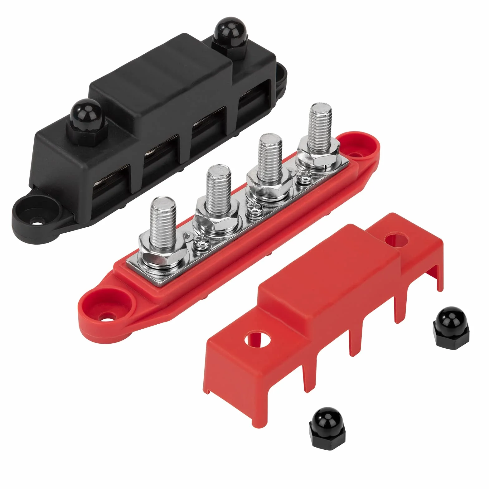 QIMEI-SHOP Szyna zbiorcza 12 V-48 V DC, blok rozdzielczy, blok rozdzielaczy 250 A, blok rozdzielaczy zasilania z 4 x bolcami przyłączeniowymi M10, do samochodu, kampera, łodzi, czerwonej, czarnej, 2