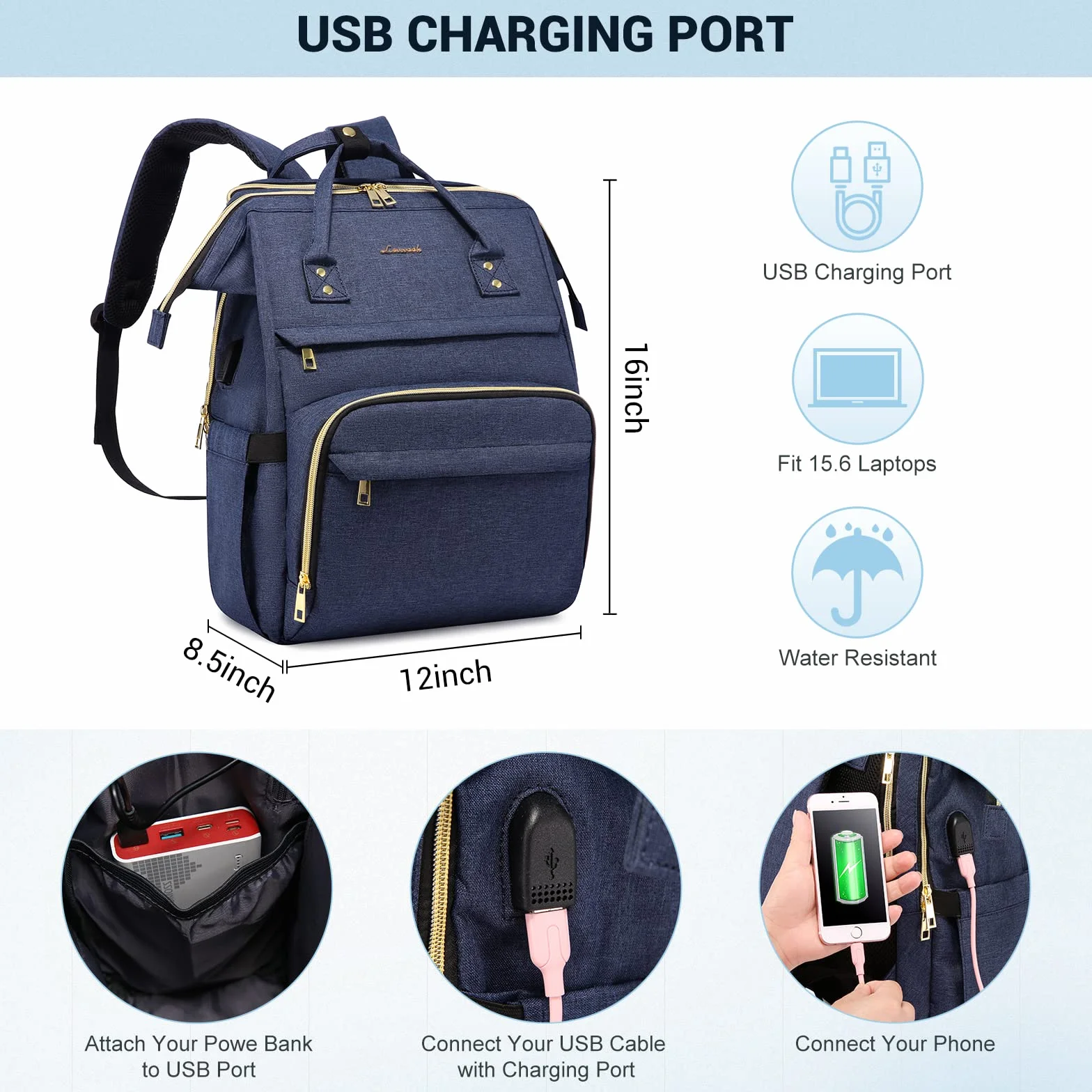 LOVEVOOK Rucksack Damen, Laptop Rucksack mit Laptopfach, Schulrucksack Tasche mit USB Ladeanschluss, für Schule Arbeit Uni Studenten Lehrer Business Büro