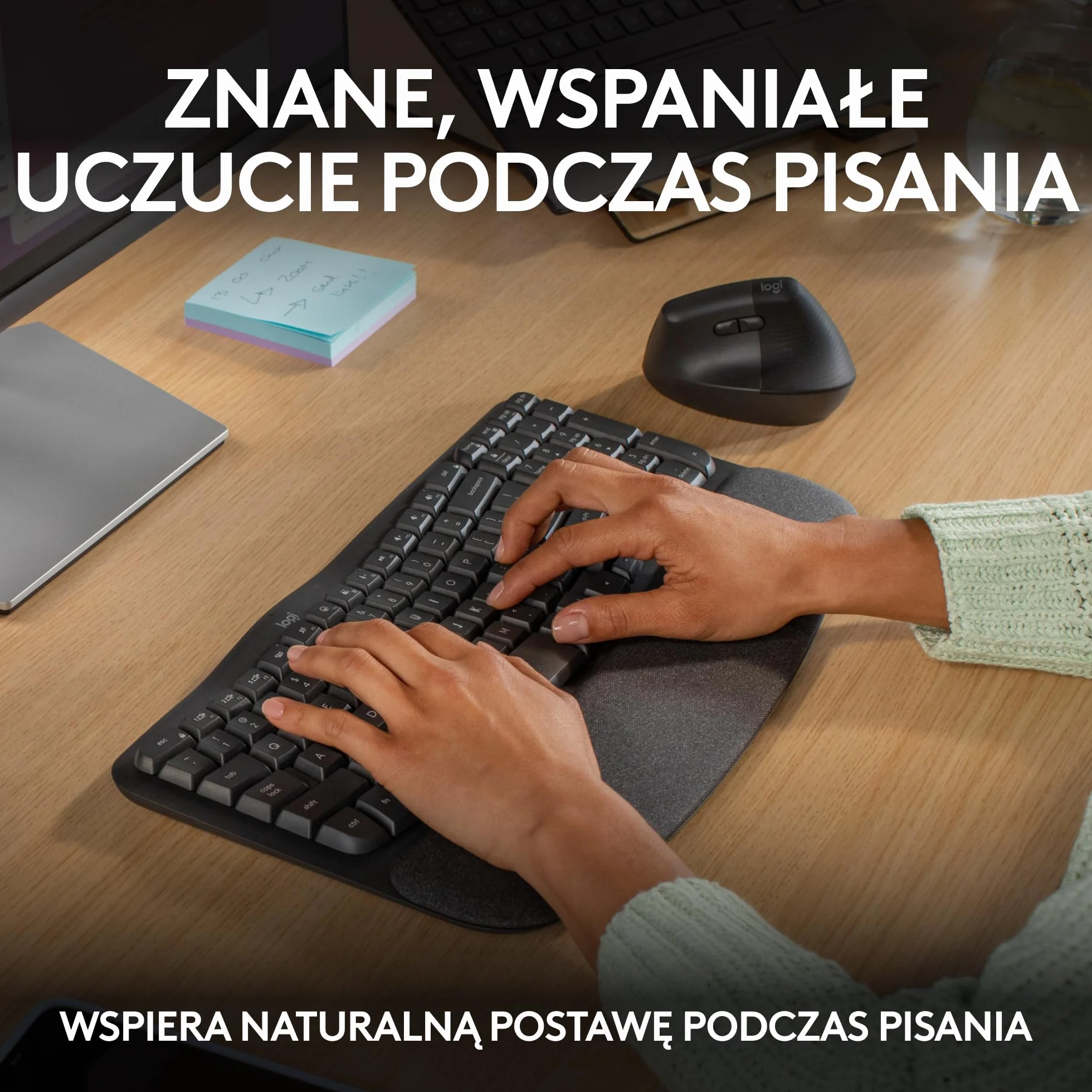 Logitech Wave Keys - bezprzewodowa klawiatura ergonomiczna z amortyzującą podpórką pod nadgarstki, wygodne naturalne pisanie, Easy-Switch, Bluetooth, odbiornik Logi Bolt, Windows/Mac, US INT'Ll,Grafit