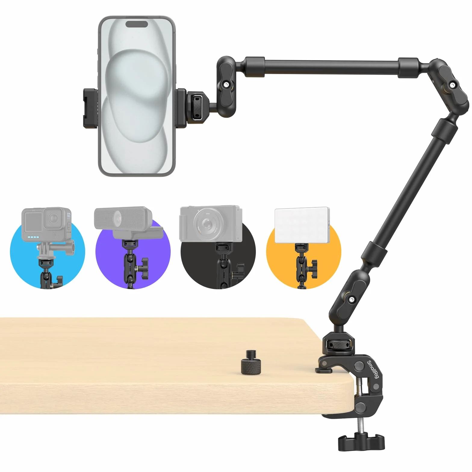 SMALLRIG 22" Magic Arm w Clamp, Overhead Phone Mount, Elastyczny Uchwyt i Zacisk do Kamery, Przegubowe Ramię Wysięgnika z Adapterem Gwintowanym - 4766