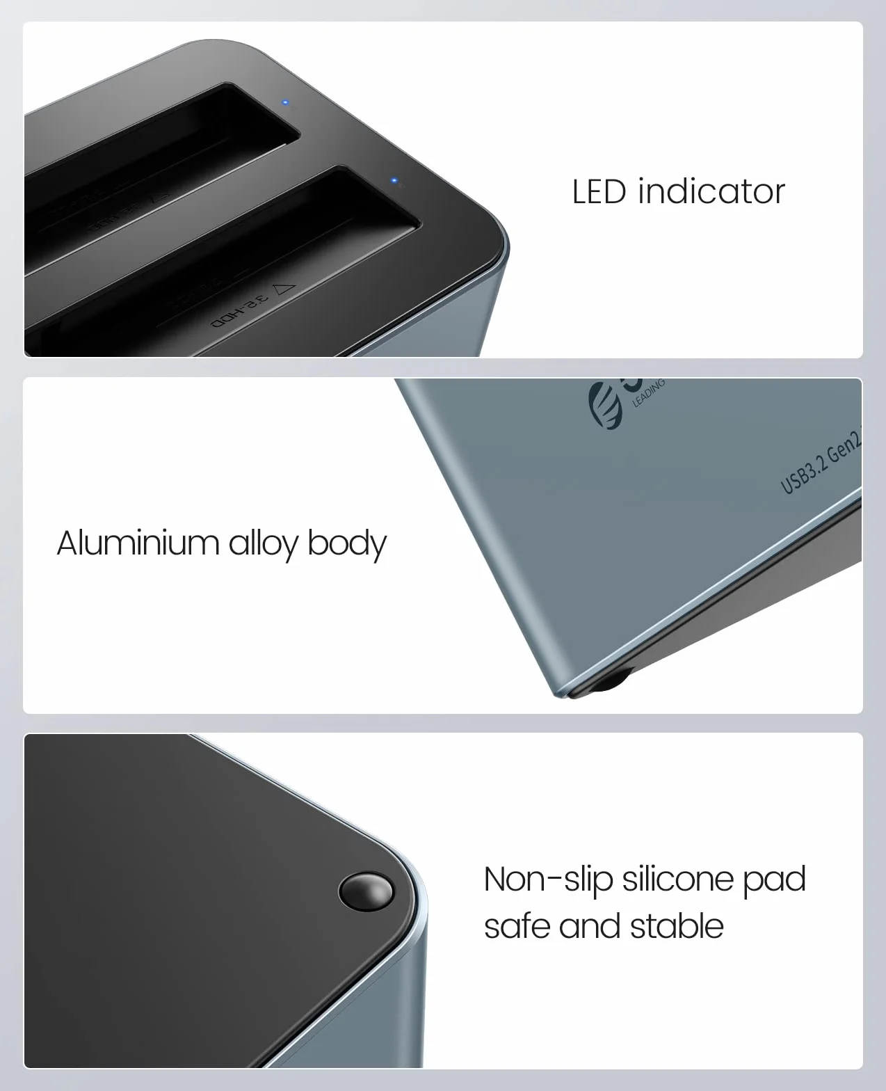 ORICO Aluminiowa stacja dokująca z podwójnym dyskiem twardym, USB 3.2 Gen 2 do SATA 2,5/3,5 cala SSD/HDD, 2 kieszenie, zasilacz 12 V 3 A, obsługuje 2 x 18 TB, bez użycia narzędzi (6626C3)