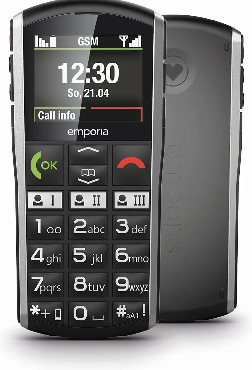 Emporia Simplicity telefon komórkowy 5.1 cm kolorowy wyświetlacz duże przyciski przycisk SOS stacja ładująca M4/T4 kompatybilna z aparatem słuchowym Bluetooth czarny (Włochy)