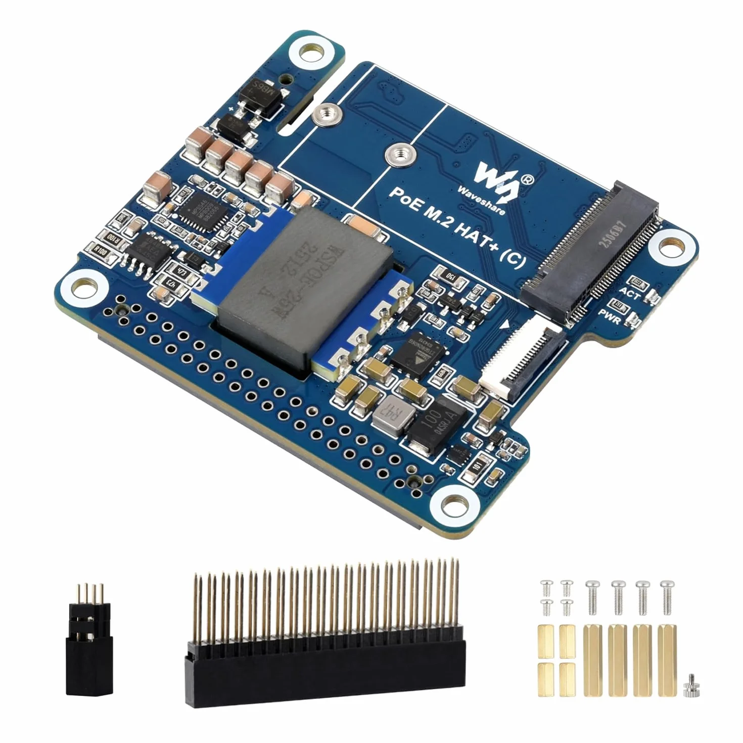 Waveshare PCIe to M.2 Adapter with PoE Function (C), Compatible with Raspberry Pi 5, Supports NVMe Protocol M.2 Solid State Drive, High-Speed Reading/Writing