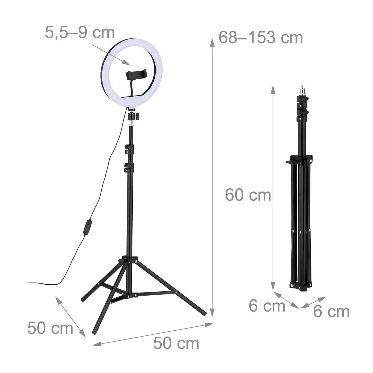 Relaxdays lampa pierścieniowa ze statywem 10 cali, ściemniana, do makijażu, fotografii, wideo, oświetlenie pierścieniowe, telefon, kolor biały/czarny
