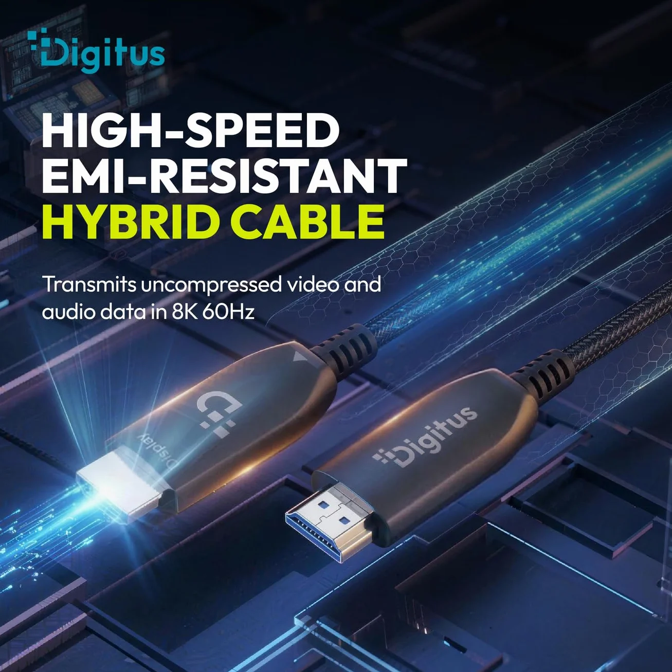 DIGITUS HDMI AOC Hybrydowy kabel światłowodowy - HDMI 2.1 - 8k/60Hz - UHD-II - kanał Ethernet - HDR eARC HDCP 2.2 - pozłacane styki - 10m - czarny
