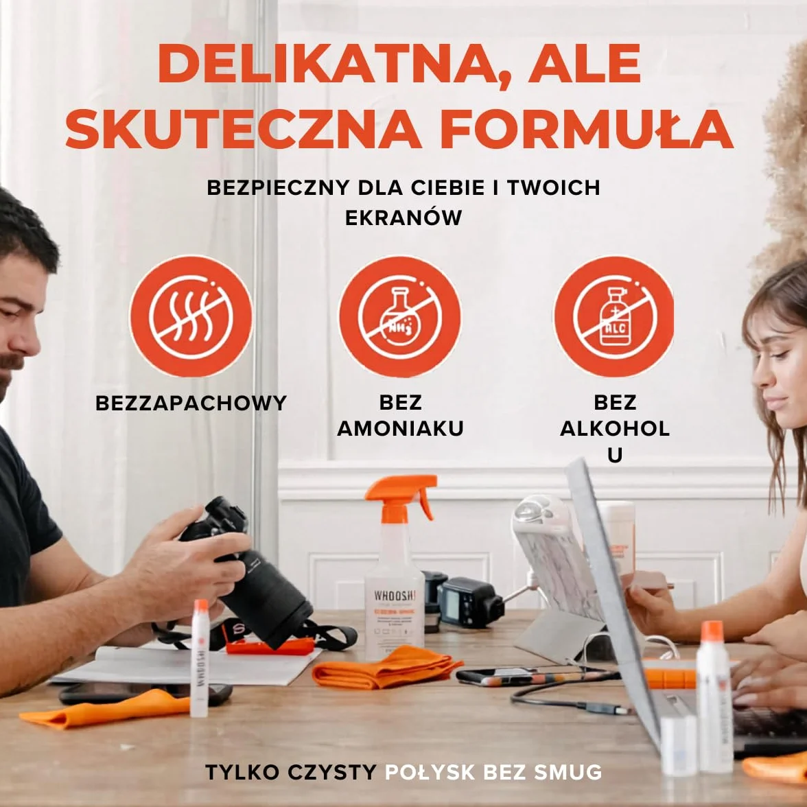 WHOOSH! Zestaw do czyszczenia ekranu wielokrotnego użytku - najlepszy do smartfonów, iPadów, okularów, Kindle, ekranu dotykowego i telewizorów - 1 butelkę 500 ml + (35 x 35 cm) szer.! Materiał