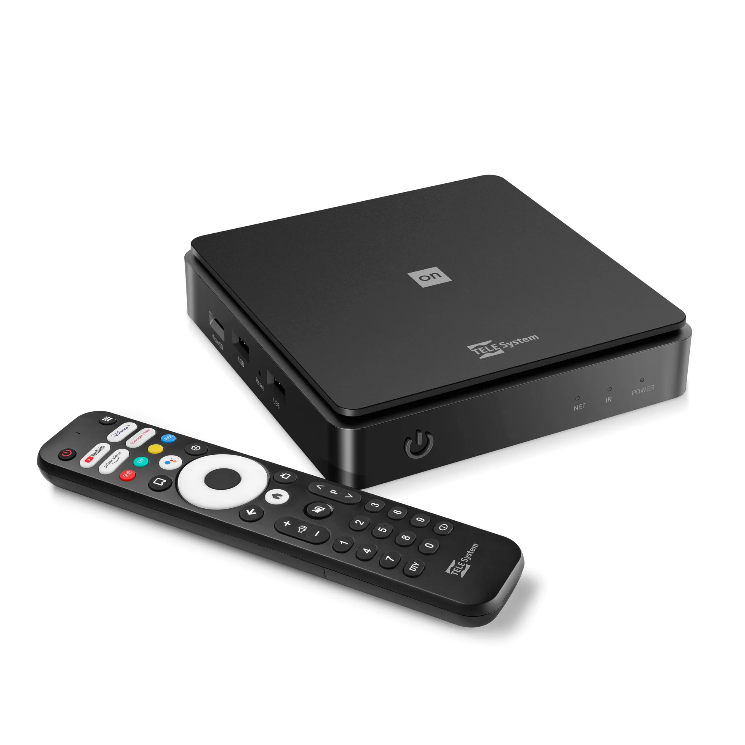 TELE System ON T2 HD: Dekoder naziemny cyfrowy Android TV, Smart TV Upgrade, Tuner DVB-T2 HEVC HDR10+HLG, HDMI, Adapter SCART w zestawie - Certyfikowany przez Google