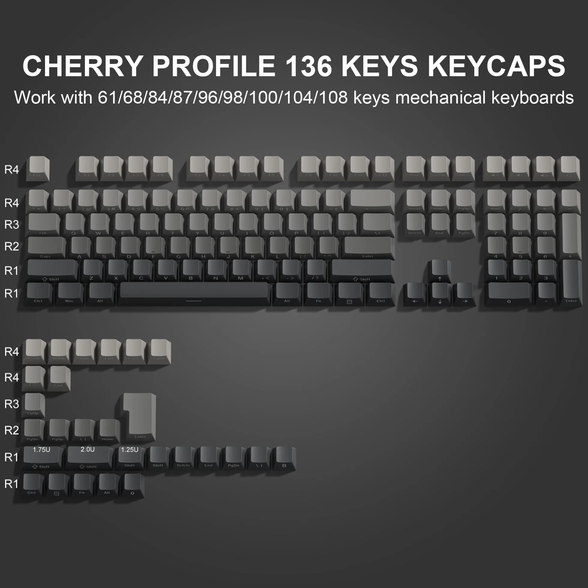PBT 136 klawiszy przezroczyste, Double Shot Profile Cherry Shine Through Keycaps, niestandardowe nakładki na klawisze cieniowane klawisze do klawiatur mechanicznych ANSI US - szare