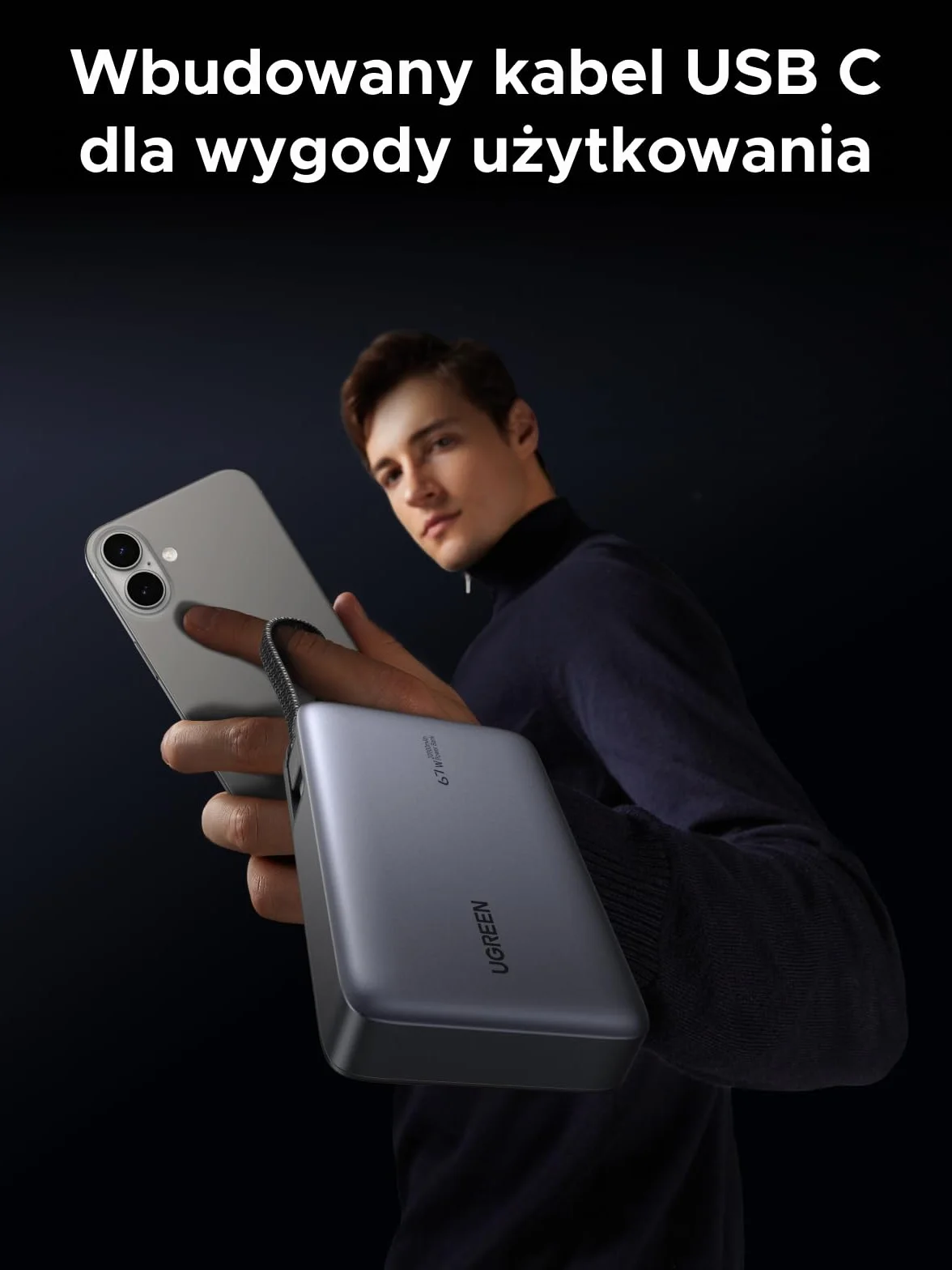 UGREEN Nexode Power Bank, 20000 mAh, szybkie ładowanie 67W z wbudowanym kablem USB-C, zewnętrzne akumulatory do telefonów komórkowych kompatybilne z Galaxy S25, serią iPhone 16/15