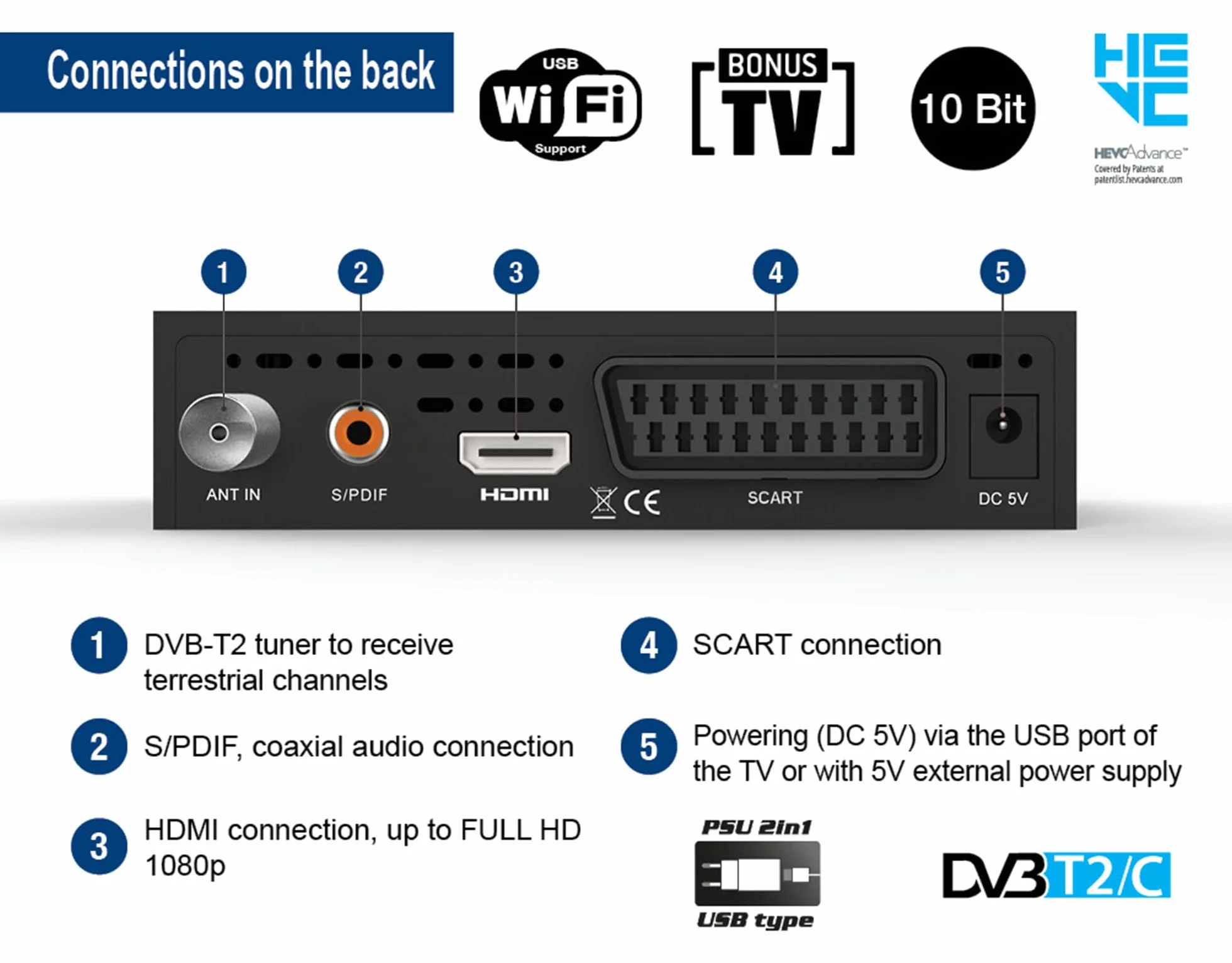Dekoder dvb-t2 hevc EDISION PICCO T265 pro HD naziemnej i kablowy Odbiornik, DVB-T2/C H.265, FTA, Full HD, PVR, USB, HDMI, SCART, S/PDIF, IR, Obsługa USB WiFi, Uniwersalny pilot 2w1, Zasilacz 2w1