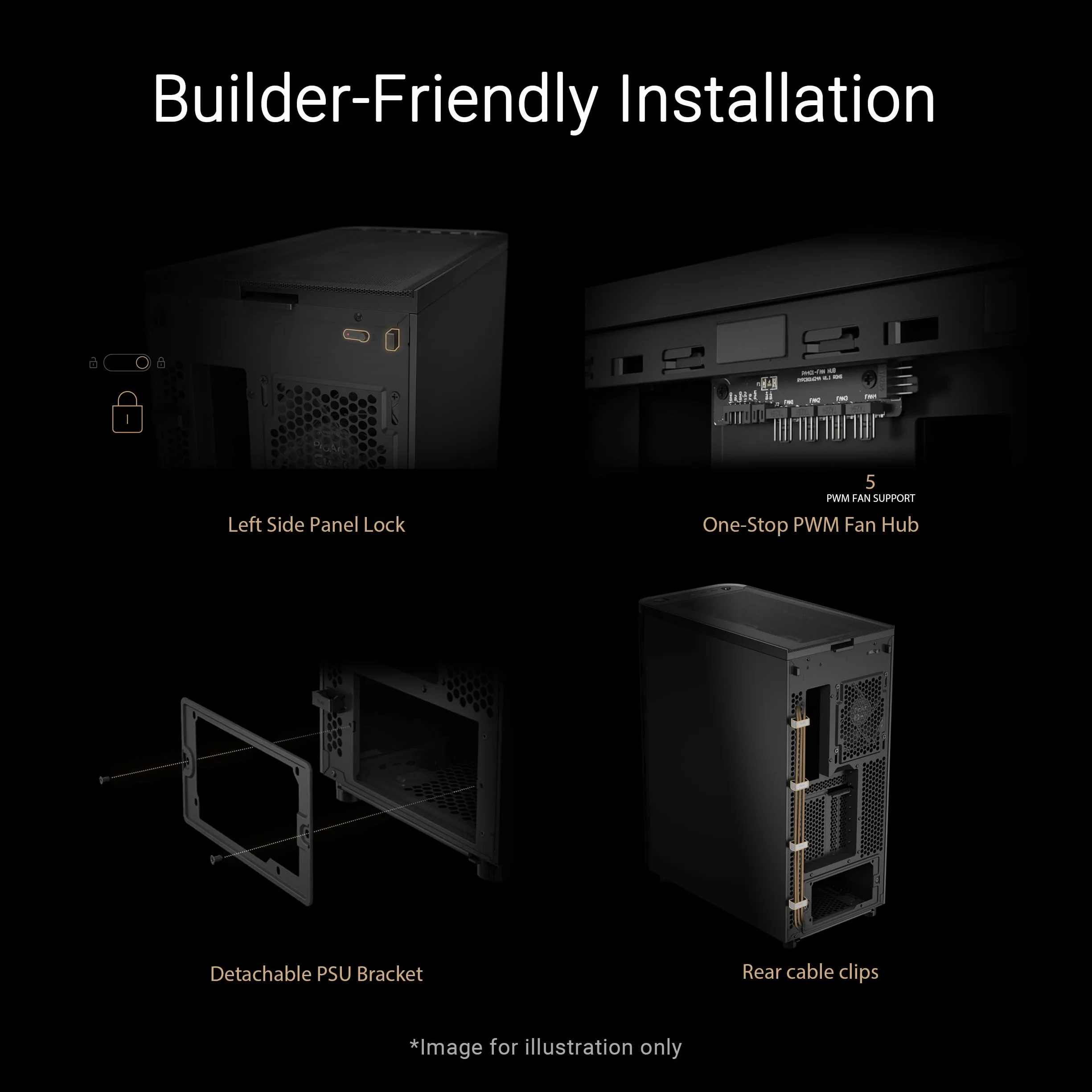 ProArt PA401 Metal PWM Black ATX Mid-Tower (podwójne ostrza wentylatora pierścieniowego 160 mm, Left-Side Lock, blokada przycisku zasilania i resetowania, odłączany uchwyt na PSU)