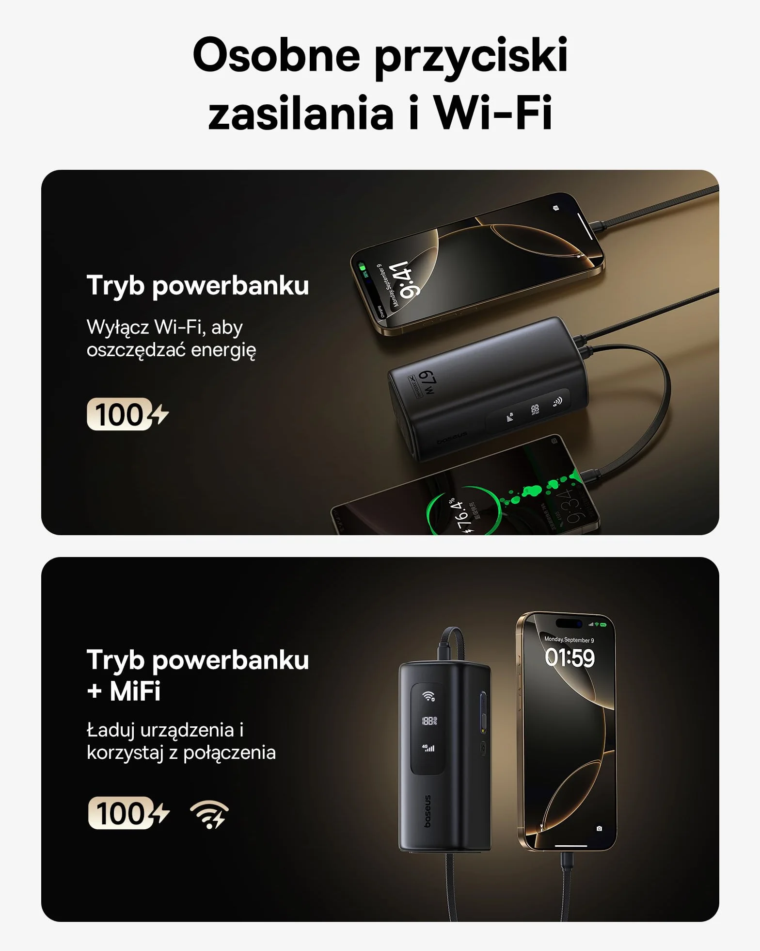 Baseus Mobilny router WLAN, przenośny hotspot, akumulator 20000 mAh 67 W