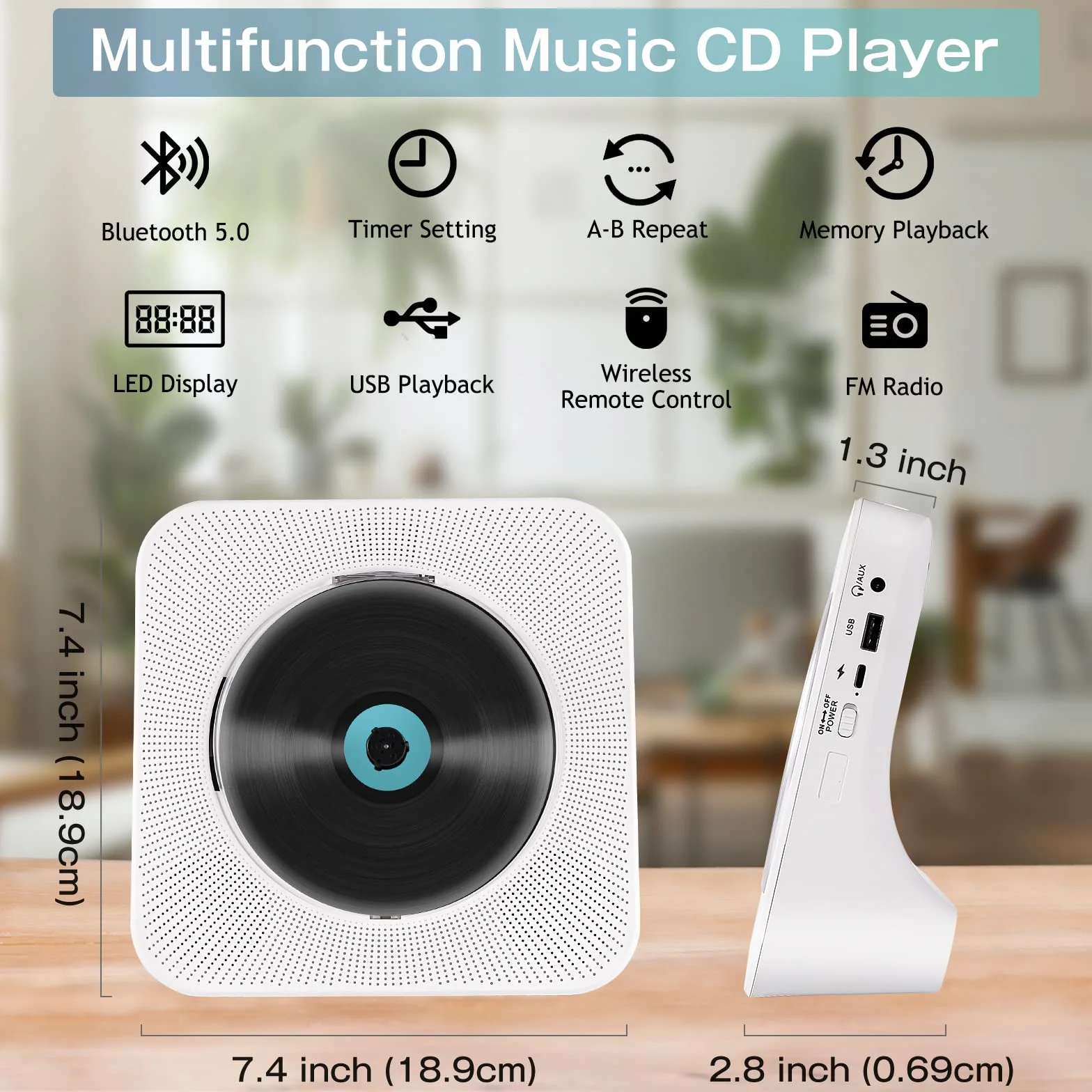 Przenośny odtwarzacz CD, Bluetooth, odtwarzacz CD z podwójnym głośnikiem, obsługuje ustawienia timera/radio USB/AUX/FM, połączenie ze słuchawkami Bluetooth lub głośnikami, pilot zdalnego sterowania