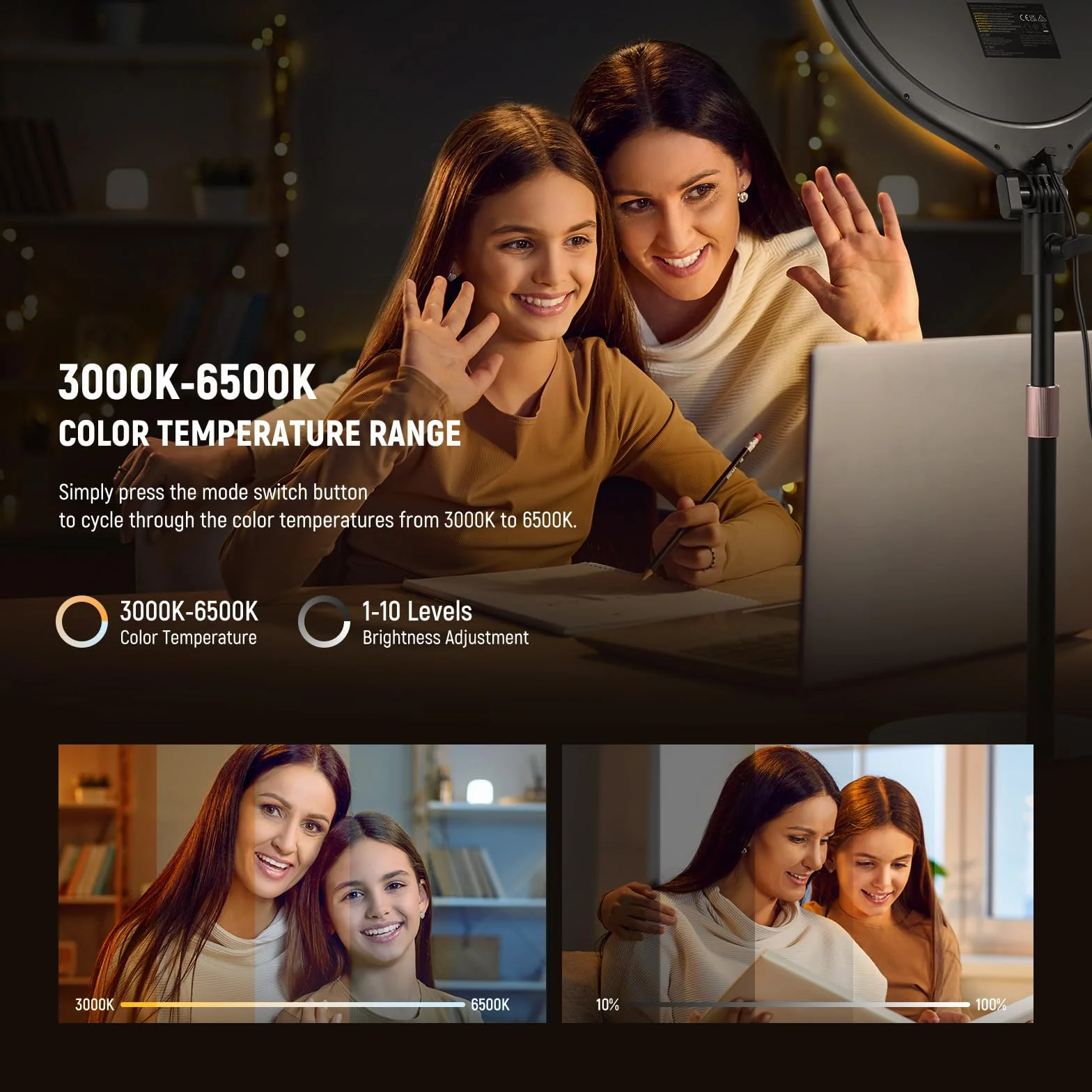 NEEWER Basics 10,5" lampka na biurko w stojak/uchwyt na telefon/timer, Full Screen 15 W przyciemniany panel LED do selfie oświetlenie do nagrywania iPhone streaming, laptopa, kamera internetowa, wideo