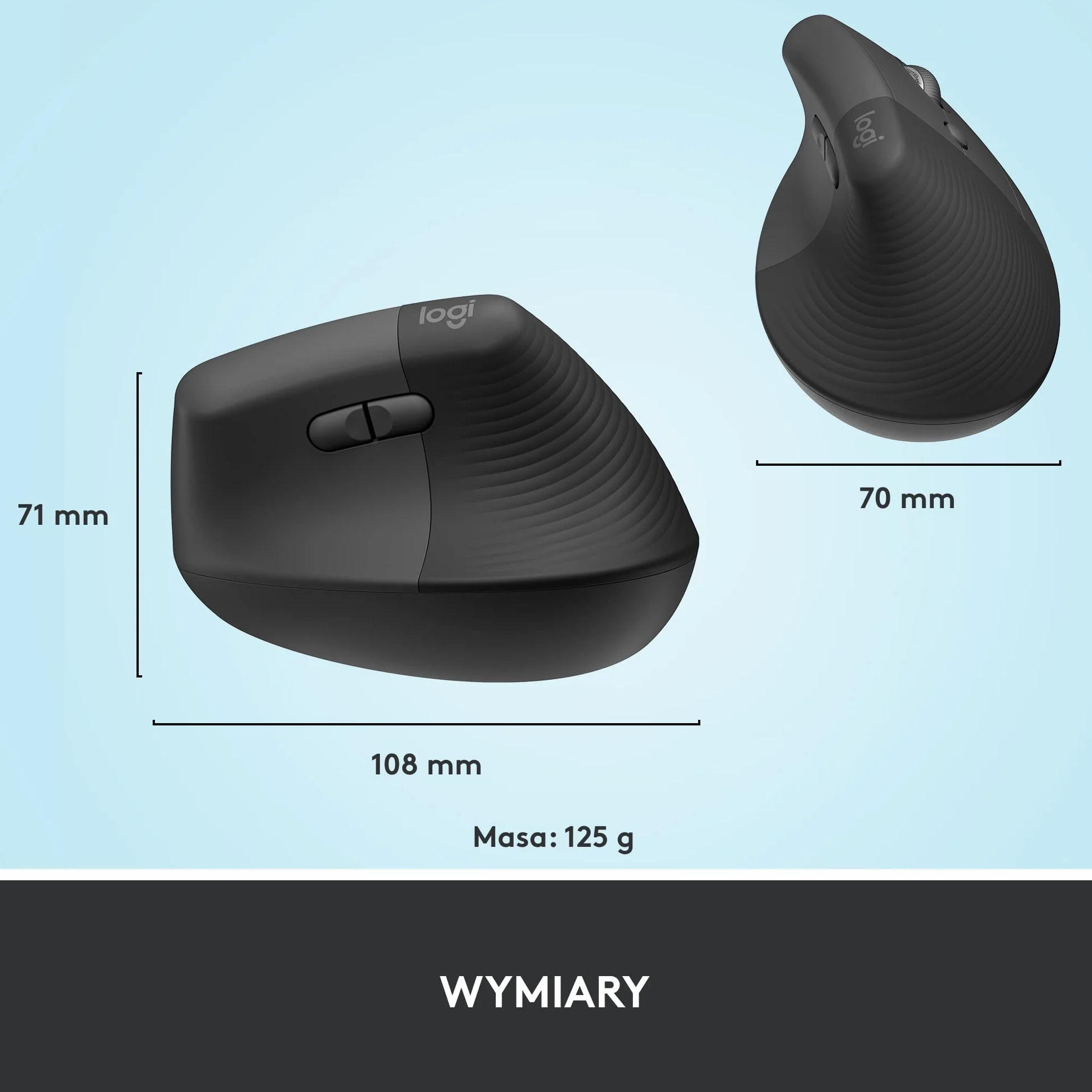 Logitech Lift Vertical, Ergonomiczna, bezprzewodowa mysz Bluetooth z odbiornikiem Logi Bolt USB, ciche przyciski, 4 przyciski, zgodna z Windows/macOS/iPadOS na laptopy/PC - Szary