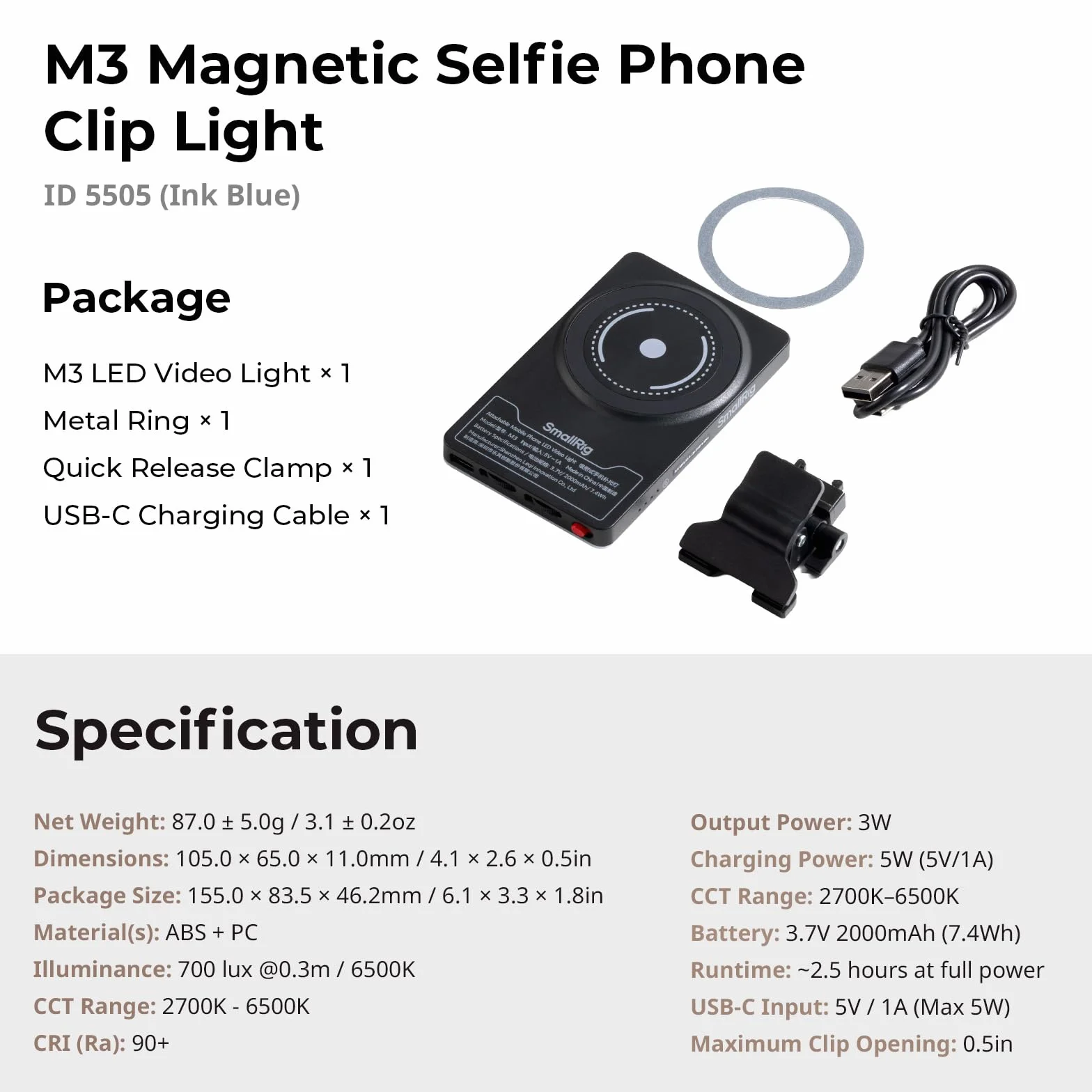 SMALLRIG M3 Magnetyczne światło wideo LED 120 diod 2000 mAh 2700K-6500K Clip-on do iPhone'a iPada