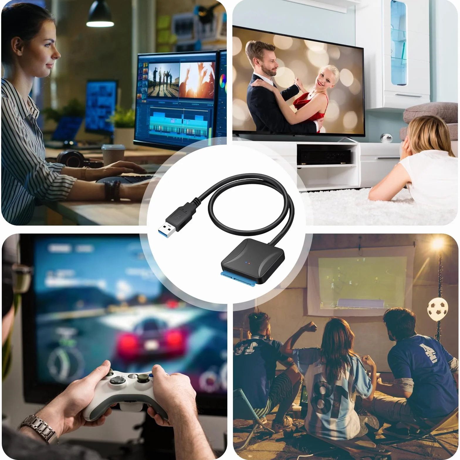 Leikurvo Adapter USB 3.0 na SATA, USB 3.0 na SATA III adapter dysku twardego z adapterem sieciowym 12 V/2 A do dysków twardych 2,5 cala / 3,5 cala HDD/SSD