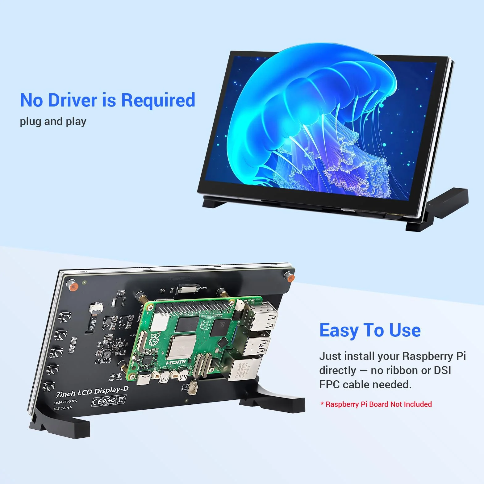 ELECROW 7-calowy ekran dotykowy IPS HD 1024 x 600 HD, kompatybilny z Raspberry Pi/BB, czarny