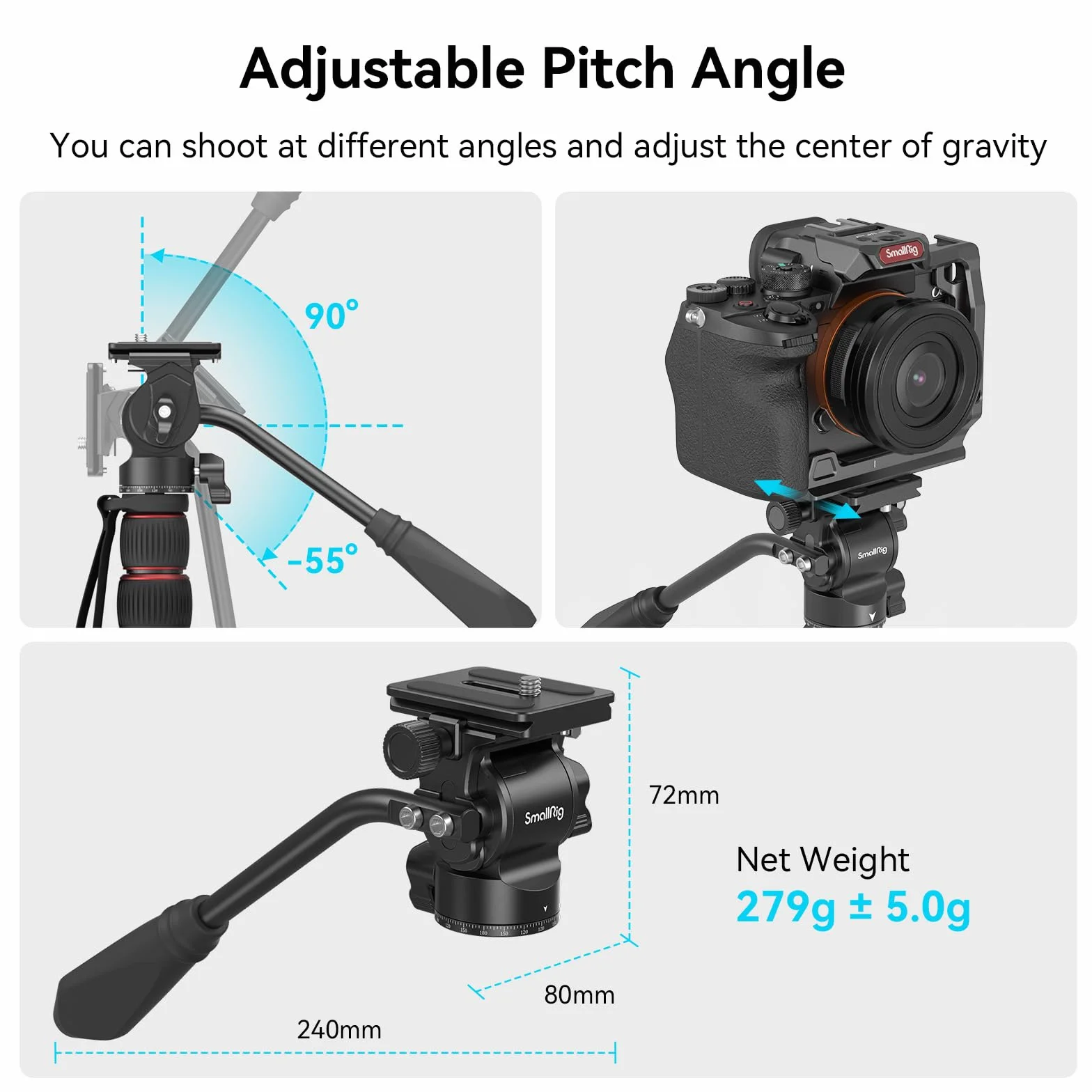 SmallRig Głowica płynna statywu Głowica Pan Tilt CH10 z płytą szybkiego zwalniania, mała głowica płynowa odpowiednia do kompaktowych kamer wideo i lustrzanek cyfrowych, nośność 3 kg - 3259