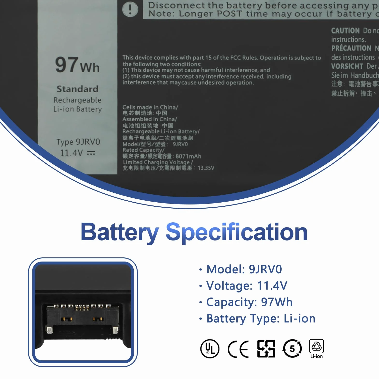 ANTIEE 97Wh 9JRV0 Laptop Batterie Compatible Dell Precision Latitude 15 5521 5531 3561 3571 M17 R5 AMD 11.4V 8071mAh