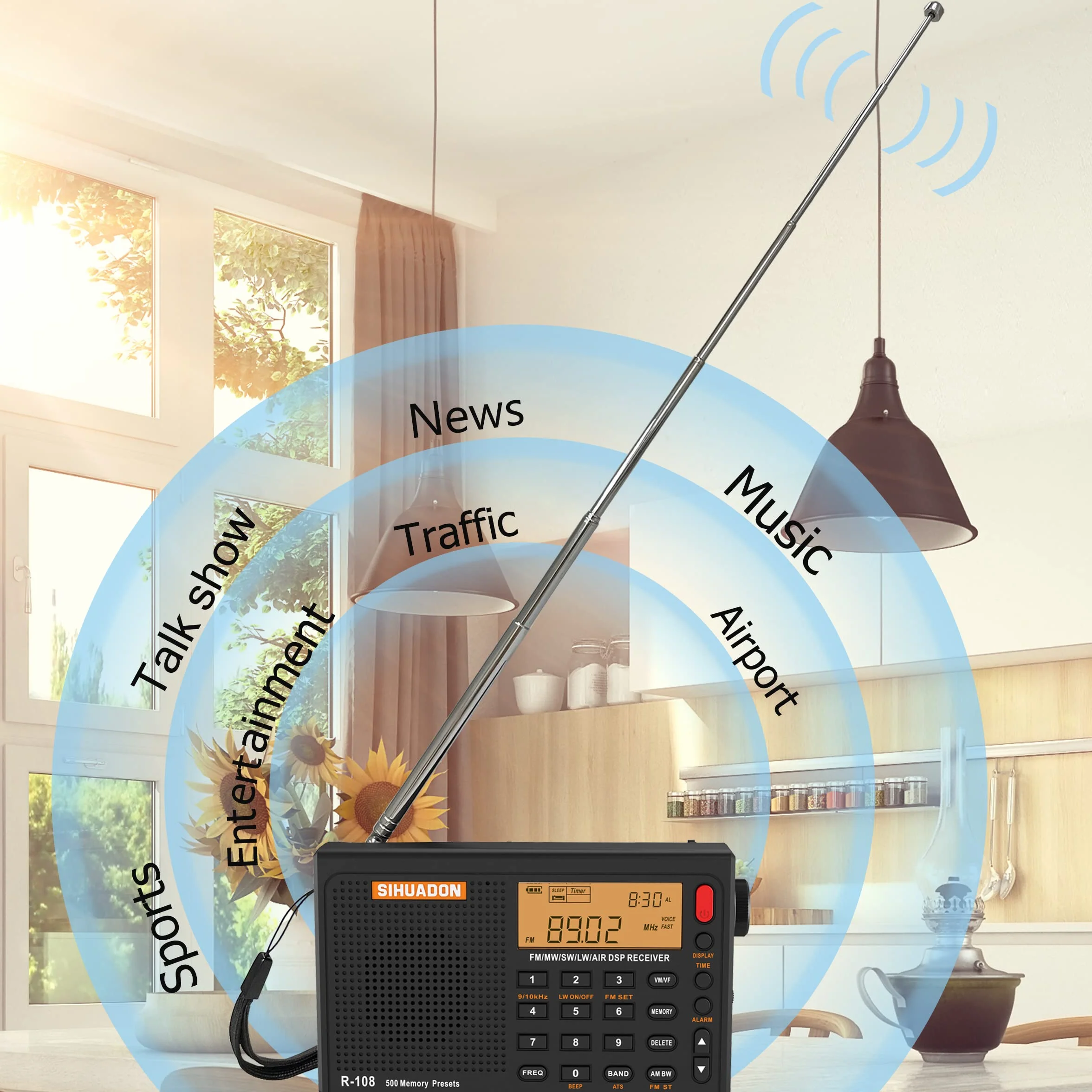 Radio przenośne SIHUADON R108 FM, wielozakresowe SW, MW, z czystym odbiorem i doskonałym dźwiękiem, gniazdo słuchawkowe, timer, budzik, zasilanie na baterie, kolor czarny