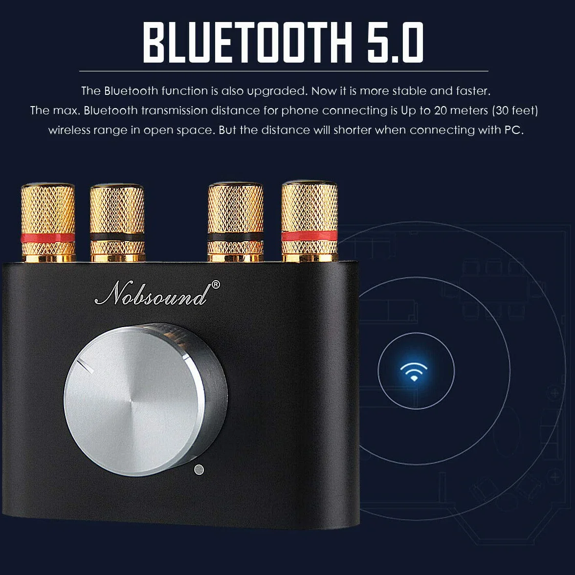 Nobsound Mini wzmacniacz mocy Bluetooth; Hi-FI Digital Amp 2.0 Channel 50W × 2 z wejściem AUX/USB/Bluetooth; bezprzewodowy odbiornik audio; Karta dźwiękowa z kartą zasilającą (czarny)