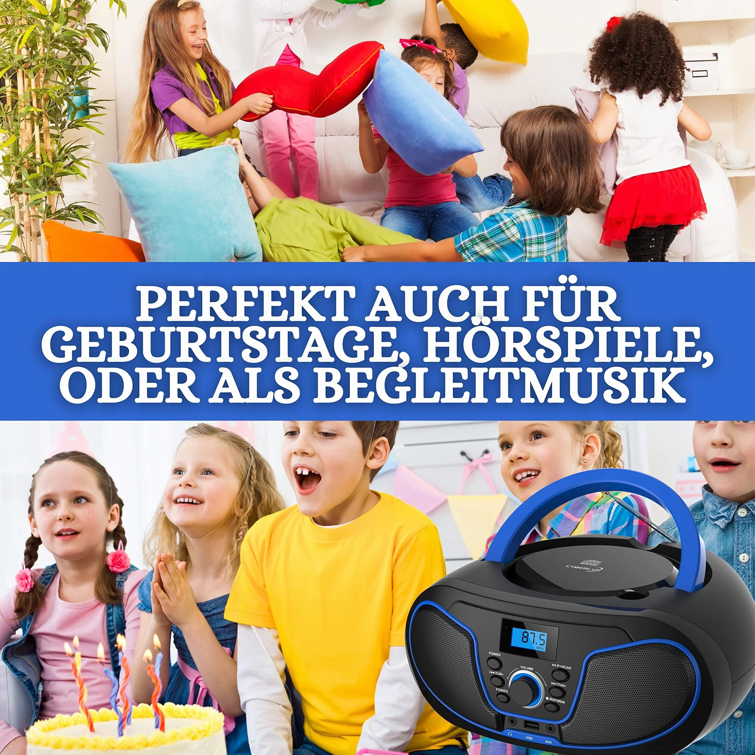 Przenośny odtwarzacz CD - Boombox - CD/CD-R - USB - Radio FM - Wejście AUX - Gniazdo słuchawkowe - Odtwarzacz CD - Radio dla dzieci - CD - Kanał stereo - Kompaktowy system (Dark Blue)