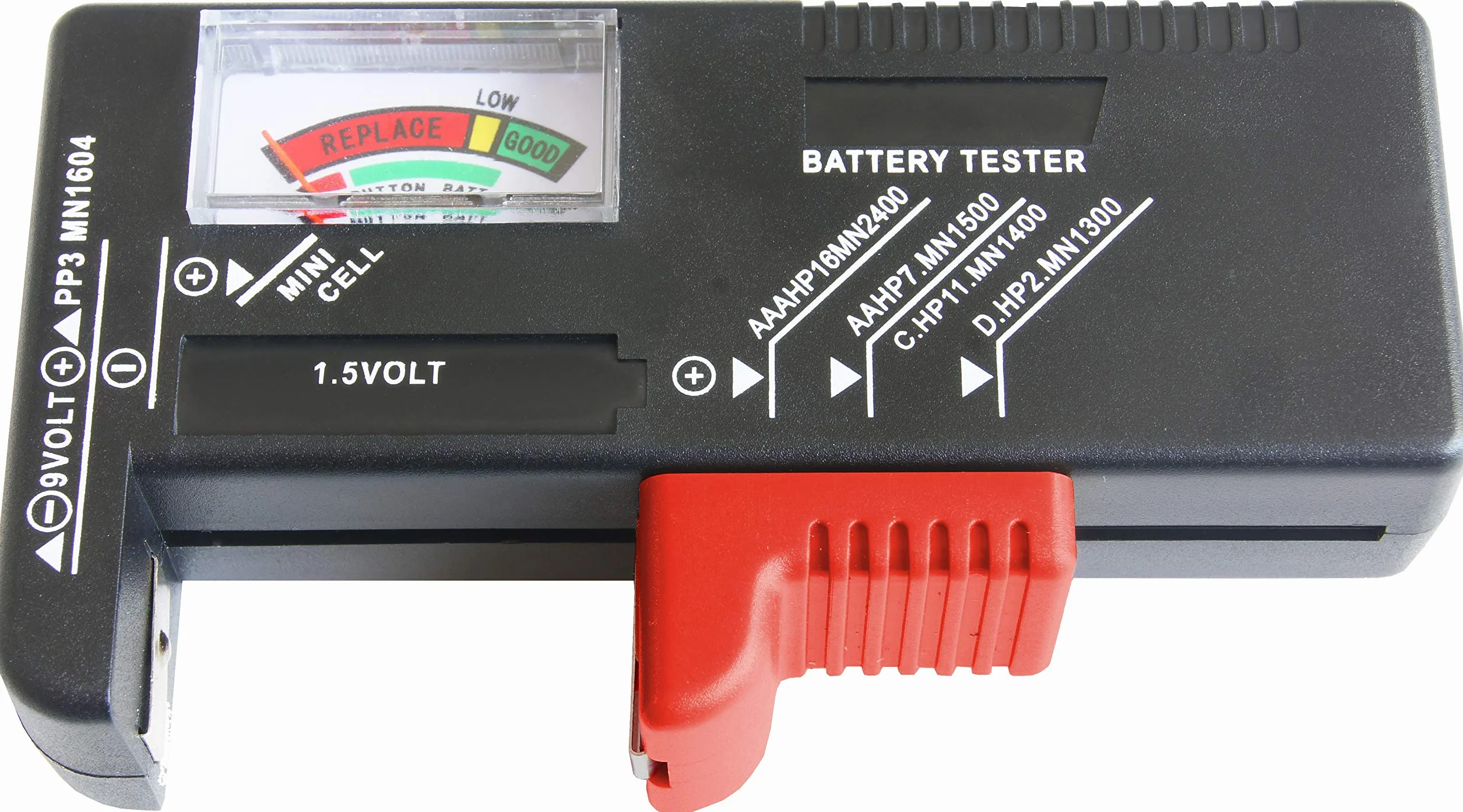 CON:P B29821 Tester Baterii z Analogowym Wyświetlaczem do Akumulatorów AAA, AA, C, D (1,5 V i 9 V)