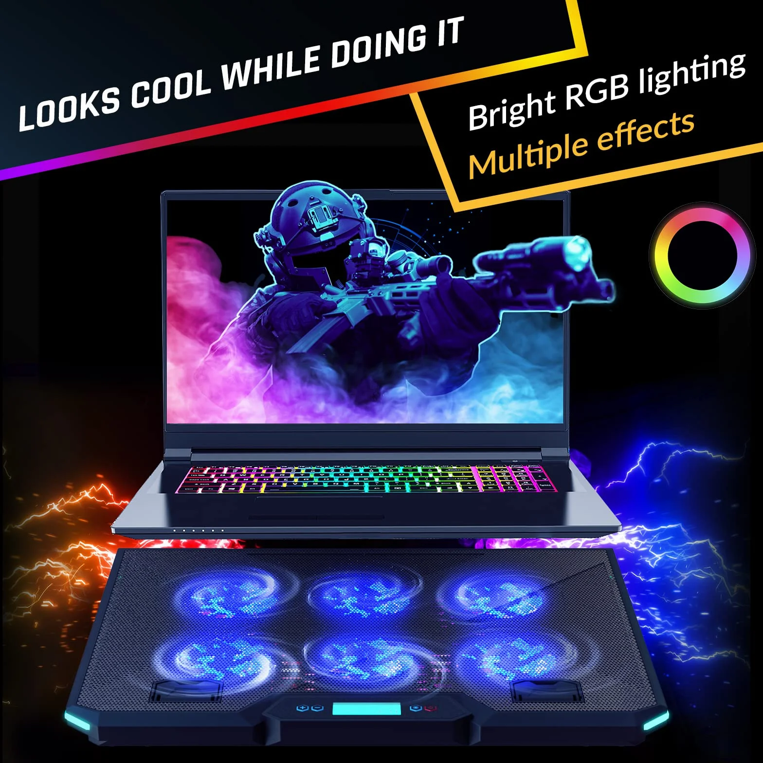 KLIM Glacier stojak chłodzący do laptopa z 6 wentylatorami, nowy 2023 - z podświetleniem RGB - 11-17,3 cala - podkładka chłodząca do laptopa do gier, stabilna i cicha, zasilana przez USB podkładka