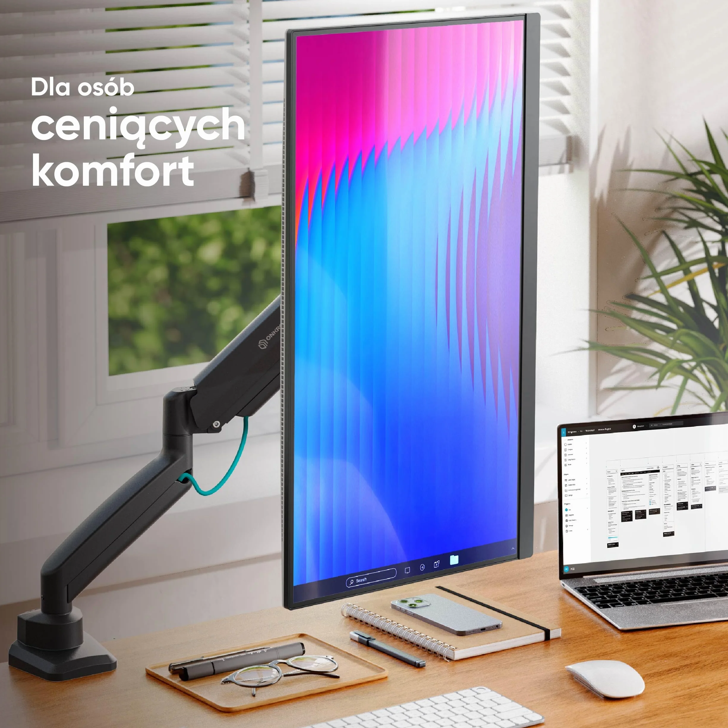 ONKRON Pojedynczy Uchwyt do Monitora 13-32 cale, Udźwig do 10 kg, Ramię do Ekranu na Biurko ze Sprężyną Gazową, VESA 75x75-100x100, Regulacja Wysokości, Obrotowy, Czarny G80-B