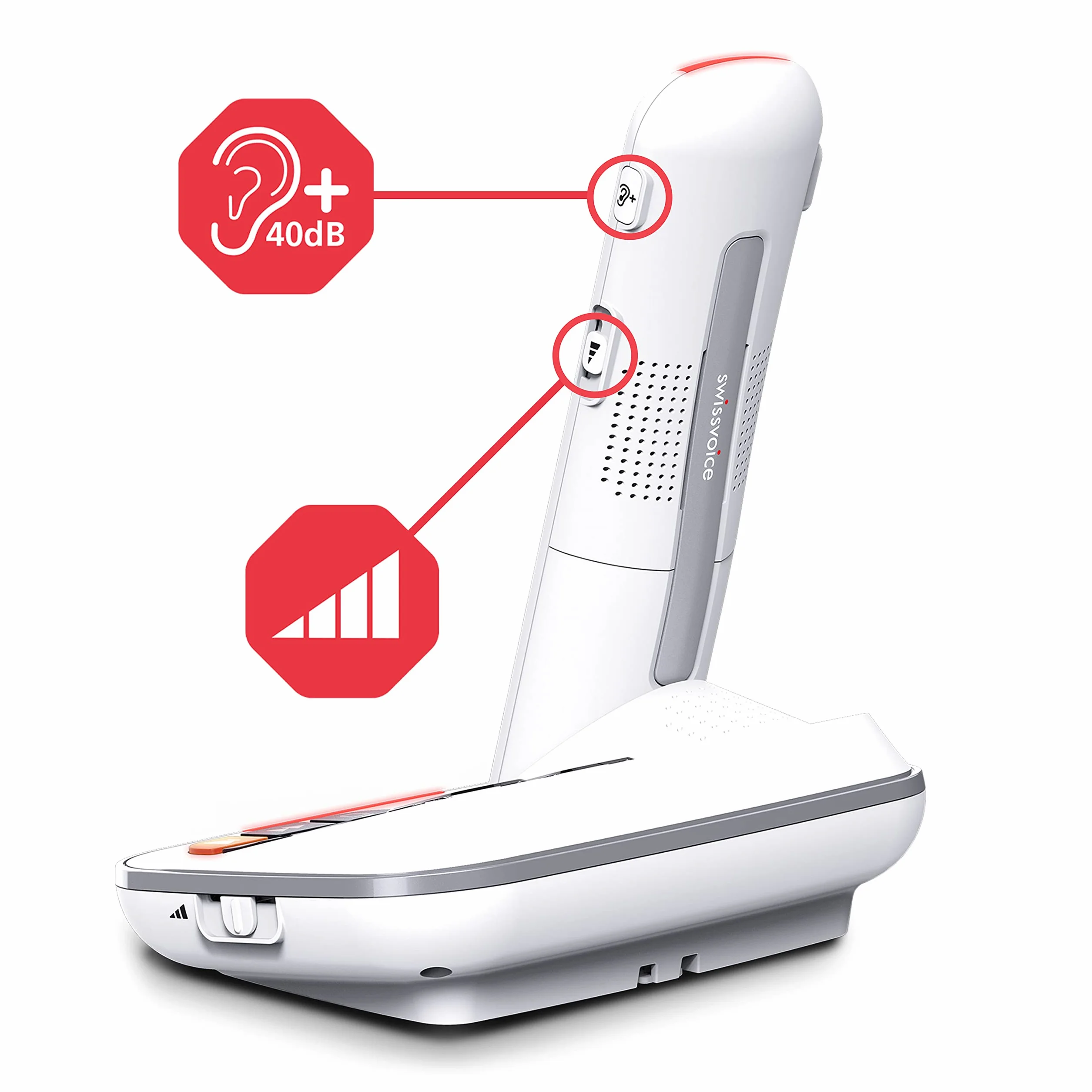 swissvoice Xtra 2355, szerokoprzyciskowy bezprzewodowy telefon DECT z automatyczną sekretarką, wzmocnienie audio, głośne dzwonki, kompatybilny z aparatami słuchowymi, funkcja blokady połączeń