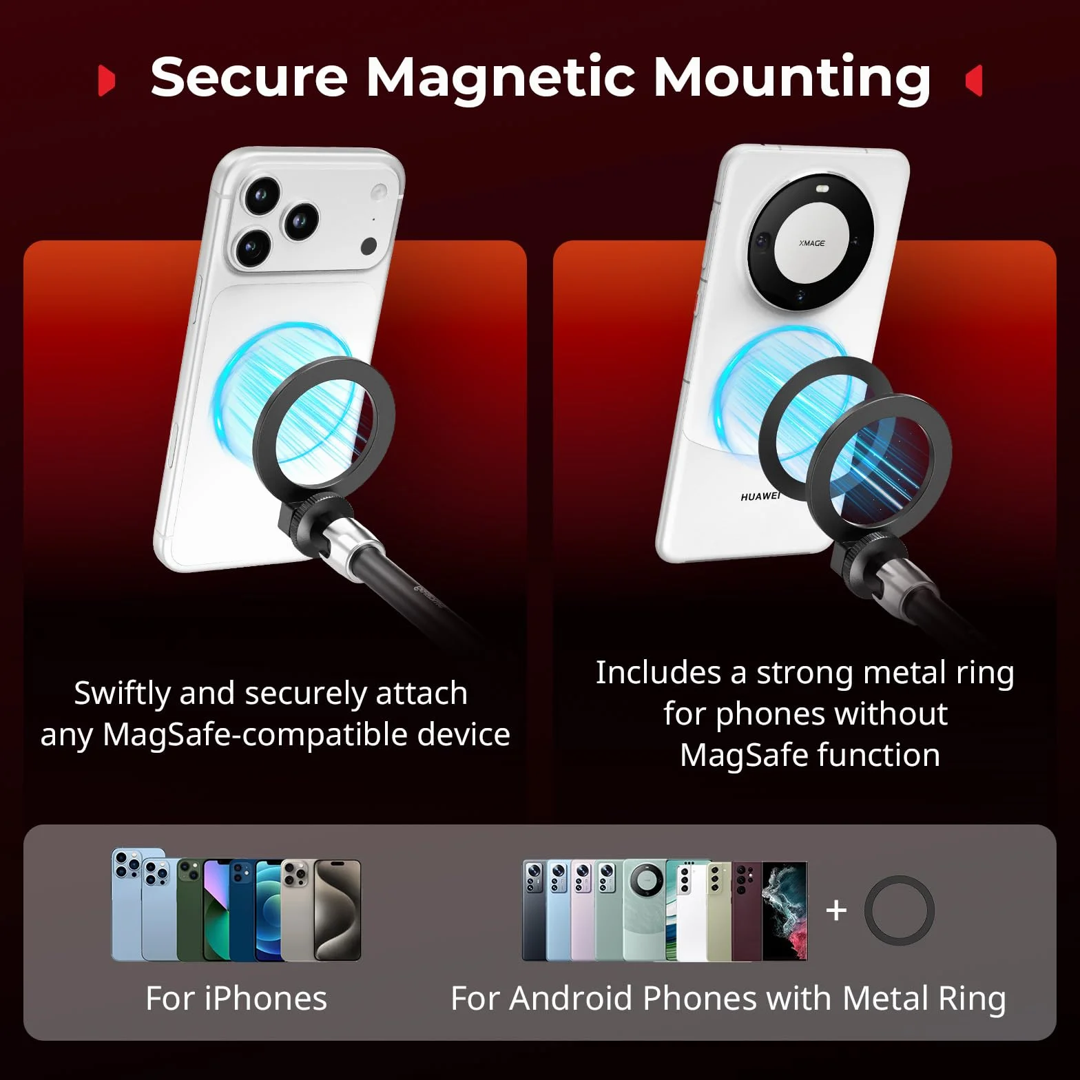 SMALLRIG Magic Arm 11 cali ze śrubą 1/4", uchwyt MagSafe, magnetyczny pierścień adaptacyjny do iPhone, Android, kamer - 5604