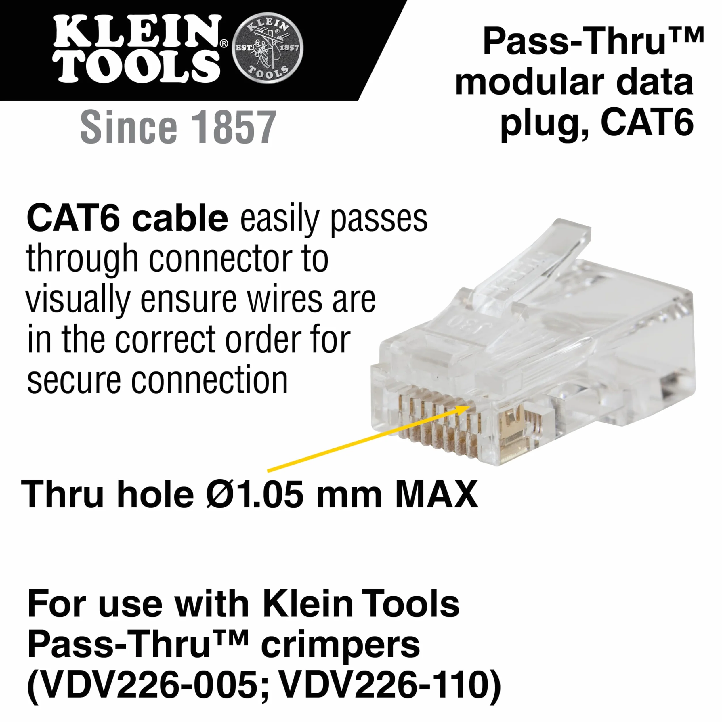 Klein Tools Modułowa wtyczka danych Pass-Thru, RJ45 CAT6, złącza przelotowe 50 sztuk, VDV826-703