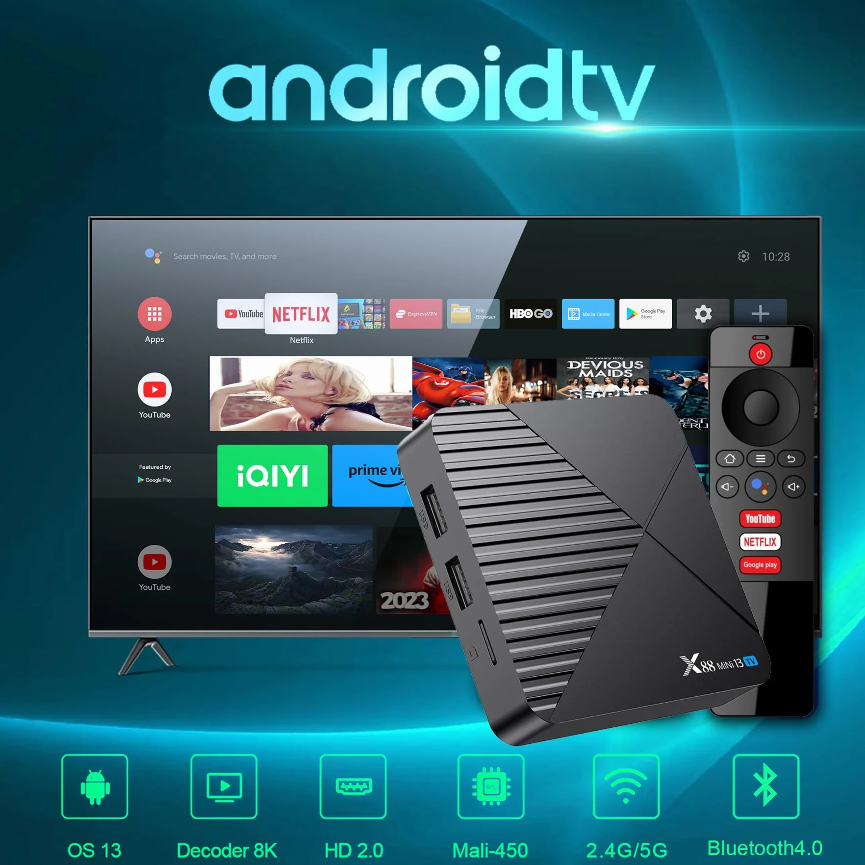 GREVA Android 13.0 TV Box, Android Box 4 GB RAM 32 GB ROM RK3528mini Quad-Core 64bit Cortex-A53 chip, rozdzielczość 8K UHD 2,4 GHz / 5,8 GHz WiFi6 10/100 M LAN Enternet Bluetooth 5.0 Smart TV Box
