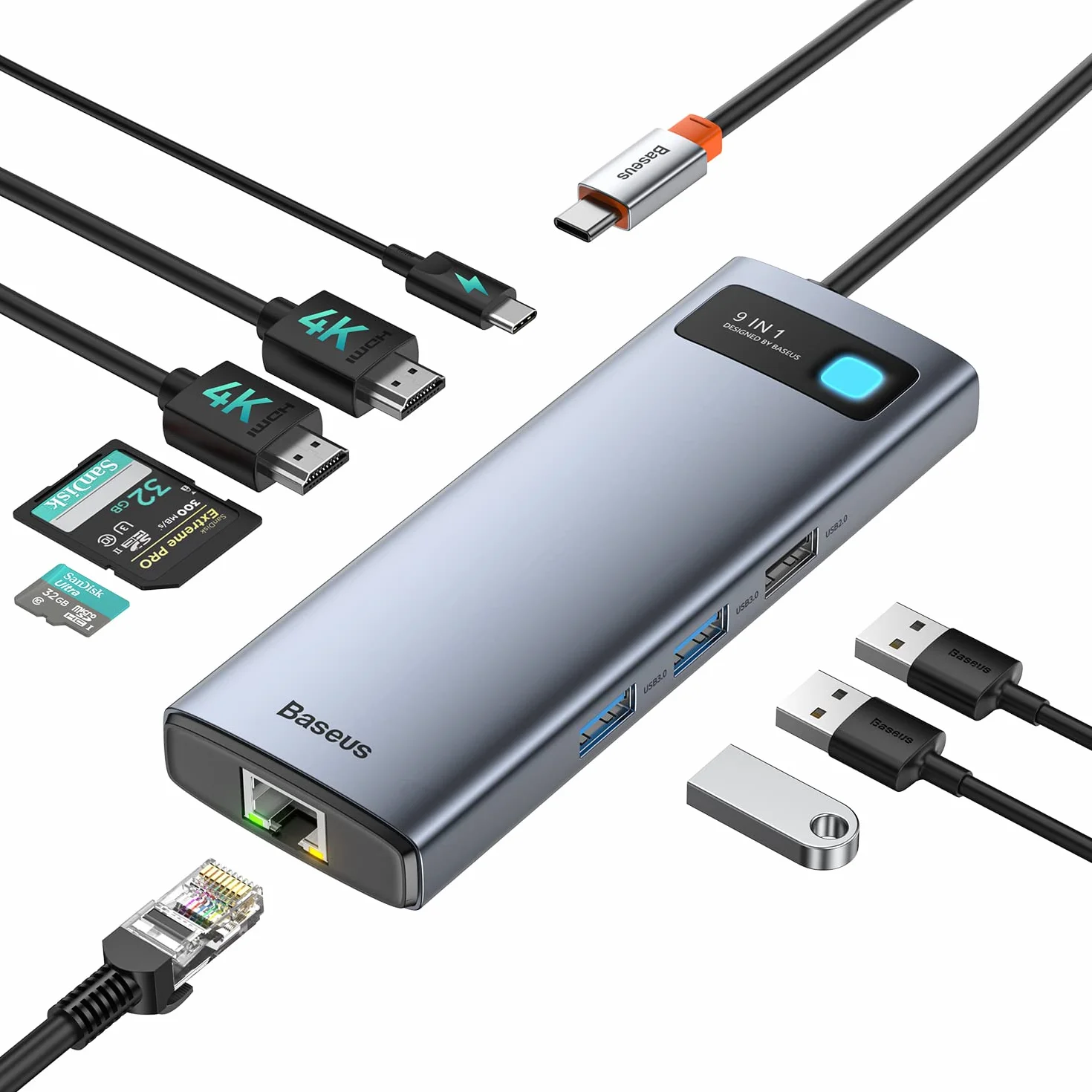 Baseus Stacja dokująca USB C, Dual Monitor, 9 w 1, USB C HUB 2, 4K HDMI, podwójny monitor, Gigabit Ethernet, 100 W PD, czytnik kart SD/TF, 3 USB, adapter USB C Multiport do MacBook/Dell/HP/Surface/Lenovo